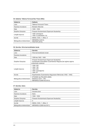 378
35. Gallarta: Talleres Ferrocarriles Triano Bilbo
Udalerria - Gallarta
Lana - Talleres Ferrocarril Triano
Enpresa onuraduna - Bizkaiko Aldundia
Data - 1938 - 1939
Diziplina Gorputza - Presoen Kontzentrazio Esparruen Ikuskaritza
Langile kopurua
- 1938: ezezaguna
- 1939: 5 (urtarrilaren 1a)
Iturriak - AMGA, CGG, 1, 46bis, 9
Bibliografia erreferentziak
- MENDIOLA (2012).
- PASTOR (2010).
36. Gernika: Hiria berreraikitzeko lanak
Udalerria - Gernika
Lana - Hiria berreraikitzeko lanak
Enpresa onuraduna
Data - 1938 eta 1942 - 1945
Diziplina Gorputza
- Presoen Kontzentrazio Esparruen Ikuskaritza
- Suntsitutako Eskualdeen Zuzendaritza Nagusia (lan eginez zigorra
ordaintzeko sistema)
Langile kopurua
- 1938: 200
- 1942: 182
- 1943: 250
- 1944: (ezezaguna)
- 1945: 97
Iturriak - Espetxeetako Zuzendaritza Nagusiaren Memoriak (1942 - 1945)
Bibliografia erreferentziak
- ETXANIZ eta PALACIO (2003).
- BADIOLA (2011: 126).
- MENDIOLA (2009 eta 2012).
37. Gernika: Astra
Udalerria - Gernika
Lana - Industria lana
Enpresa onuraduna - Astra
Data - 1938 - 1939
Diziplina Gorputza - Presoen Kontzentrazio Esparruen Ikuskaritza
Langile kopurua - 5
Iturriak - AMGA, CGG, 1, 46bis, 9
Bibliografia erreferentziak - MENDIOLA (2009 eta 2011).
 