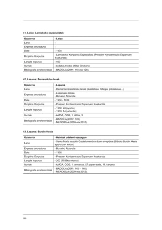 380
41. Leioa: Lamiakoko espezialistak
Udalerria - Leioa
Lana -
Enpresa onuraduna -
Data - 1938
Diziplina Gorputza
- Lamiakoko Konpainia Espezialista (Presoen Kontzentrazio Esparruen
Ikuskaritza)
Langile kopurua - 460
Iturriak - Avilako Artxibo Militar Orokorra
Bibliografia erreferentziak - BADIOLA (2011: 118 eta 128).
42. Lezama: Berreraikitze lanak
Udalerria - Lezama
Lana - Herria berreraikitzeko lanak (ikastetxea, hiltegia, pilotalekua…)
Enpresa onuraduna
- Lezamako Udala
- Bizkaiko Aldundia
Data - 1938 - 1939
Diziplina Gorputza - Presoen Kontzentrazio Esparruen Ikuskaritza
Langile kopurua
- 1938: 40 (apirila)
- 1939: 74 (urtarrila)
Iturriak - AMGA, CGG, 1, 46bis, 9
Bibliografia erreferentziak
- BADIOLA (2012: 126).
- MENDIOLA (2009 eta 2012).
43. Lezama: Burdin Hesia
Udalerria - Hainbat udalerri ezezagun
Lana
- Santa Maria auzotik Gaztelumendira doan errepidea (Bilboko Burdin Hesia
apurtu zen lekua)
Enpresa onuraduna - Bizkaiko Aldundia
Data - 1938
Diziplina Gorputza - Presoen Kontzentrazio Esparruen Ikuskaritza
Langile kopurua - 200 (1938ko ekaina)
Iturriak - AMGA, CGG, 1. armairua, 57 paper-sorta, 11. karpeta
Bibliografia erreferentziak
- BADIOLA (2011: 145 – 146).
- MENDIOLA (2009 eta 2012).
 