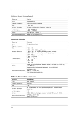 384
54. Sestao: General Eléctrica Española
Udalerria - Sestao
Lana - Industria lana
Enpresa onuraduna - General Eléctrica Española
Data - 1938-1939
Diziplina Gorputza - Presoen Kontzentrazio Esparruen Ikuskaritza
Langile kopurua
- 1938: ezezaguna
- 1939: 2 (urtarrila)
Iturriak - AMGA, CGG, 1, 46bis, 9
Bibliografia erreferentziak - MENDIOLA (2009 eta 2012).
55. Sondika: Aireportua
Udalerria - Sondika
Lana - Aireportua eraikitzea
Enpresa onuraduna -
Data - 1939- 1944
Diziplina Gorputza
- 1939 – 1940: 126. Langile Batailoia
- 1940 – 1942: 30. Soldadu Langileen Diziplina Batailoia
- 1943 – 1944: Lan eginez zigorra ordaintzeko sistema
Langile kopurua
- 1939: 756 (azaroa - abendua)
- 1940: 637 (apirila)
- 1940: (ezezaguna)
- 1941: 533
- 1942: 827
- 1943: 135
Iturriak
- CDMHS (Kontu Auzitegiak lagatako funtsak), 96. kutxa, 22-25 lab.; 58.
kutxa, 1-21 lab.
- Espetxeetako Zuzendaritza Nagusiaren Memoriak (1943)
Bibliografia erreferentziak
- ACOSTA (2004).
- BADIOLA (2011: 118).
- MENDIOLA (2009 eta 2012).
56. Sopela: Material militarra berreskuratzea
Udalerria - Larrabetzu
Lana - Lan militarra
Enpresa onuraduna - Armada
Data - 1937
Diziplina Gorputza
- 6. Lubakitzaileen eta mina-jartzaileen batailoia (1. Berreskurapen
konpainia).
Langile kopurua - 165
Iturriak - CDMHS (Kontu Auzitegiak lagatako funtsak), 96. kutxa, 15-28 lab.
Bibliografia erreferentziak
- BADIOLA (2011: 120).
- MENDIOLA (2012).
 