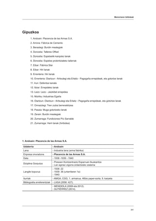 Memoriaren ibilbideak
391
Gipuzkoa
1. Andoain: Placencia de las Armas S.A.
2. Arrona: Fábrica de Cemento
3. Berastegi: Burdin meategiak
4. Donostia: Talleres Offset
5. Donostia: Espetxetik kanpoko lanak
6. Donostia: Espetxe probintzialeko tailerrak
7. Eibar: Fábrica Star
8. Eibar: Hiri lanak
9. Errenteria: Hiri lanak
10. Errenteria: Oiartzun - Aritxulegi eta Erlaitz - Pagogaña errepideak, eta gotortze lanak
11. Irun: Defentsa kanala
12. Itziar: Errepideko lanak
13. Lezo: Lezo - Jaizkibel errepidea
15. Mutriku: Industrias Egaña
16. Oiartzun: Oiartzun - Aritxulegi eta Erlaitz - Pagogaña errepideak, eta gotortze lanak
17. Ormaiztegi: Tren zubia berreraikitzea
18. Pasaia: Muga gotortzeko lanak
19. Zerain: Burdin meategiak
20. Zumarraga: Fundiciones Pío Sarralde
21. Zumarraga: Herri lanak (hiribidea)
1. Andoain: Placencia de las Armas S.A.
Udalerria - Andoain
Lana - Industria lana (arma fabrika)
Enpresa onuraduna - Placencia de las Armas S.A.
Data - 1938 -1939 - 1940
Diziplina Gorputza
- Presoen Kontzentrazio Esparruen Ikuskaritza
- Lan eginez zigorra ordaintzeko sistema
Langile kopurua
- 1938: 22
- 1939: 36 (urtarrilaren 1a)
- 1940:
Iturriak - AMGA, CGG, 1. armairua, 46bis paper-sorta, 9. karpeta
Bibliografia erreferentziak - LASA (2006: 427).
- MENDIOLA (2009 eta 2012).
- GUTIÉRREZ (2014).
 