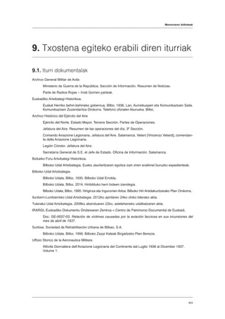 Memoriaren ibilbideak
403
9. Txostena egiteko erabili diren iturriak
9.1. Iturri dokumentalak
Archivo General Militar de Avila
Ministerio de Guerra de la República. Sección de Información. Resumen de Noticias.
Parte de Radios Rojas – Irrati Gorrien parteak.
Euskadiko Artxibategi Historikoa.
Euskal Herriko behin-behineko gobernua, Bilbo, 1936. Lan, Aurreikuspen eta Komunikazioen Saila.
Komunikazioen Zuzendaritza Orokorra. Telefono ofizialen liburuxka. Bilbo.
Archivo Histórico del Ejército del Aire
Ejército del Norte. Estado Mayor. Tercera Sección. Partes de Operaciones.
Jefatura del Aire. Resumen de las operaciones del día. 3ª Sección.
Comando Aviazione Legionaria. Jefatura del’Aire. Salamanca. Velani [Vincenzo Velardi], comendan-
te della Aviazione Legionaria.
Legión Cóndor. Jefatura del Aire.
Secretaría General de S.E. el Jefe de Estado. Oficina de Información. Salamanca.
Bizkaiko Foru Artxibategi Historikoa.
Bilboko Udal Artxibategia. Eusko Jaurlaritzaren egoitza izan ziren eraikinei buruzko espedienteak.
Bilboko Udal Artxibategia.
Bilboko Udala, Bilbo, 1935. Bilboko Udal Errolda.
Bilboko Udala, Bilbo, 2014. Hiribilduko herri bideen izendegia.
Bilboko Udala, Bilbo, 1995. Hiriginza eta Ingurumen Arloa. Bilboko Hiri Antolakuntzarako Plan Orokorra..
Ilunberri-Lumbierreko Udal Artxibategia. 2012ko apirilaren 24ko ohiko bilerako akta.
Tuterako Udal Artxibategia. 2008ko abenduaren 22ko, asteleheneko udalbatzaren akta.
IRARGI, Euskadiko Dokumentu Ondarearen Zentroa = Centro de Patrimonio Documental de Euskadi,
Doc. GE-0037-03. Relación de víctimas causadas por la aviación facciosa en sus incursiones del
mes de abril de 1937.
Surbisa. Sociedad de Rehabilitación Urbana de Bilbao, S.A.
Bilboko Udala, Bilbo, 1998. Bilboko Zazpi Kaleak Birgaitzeko Plan Berezia.
Uffizio Storico de la Aeronautica Militare.
Attivitá Giornaliera dell’Aviazione Legionaria del Continente dal Luglio 1936 al Dicember 1937.
Volume 1.
 