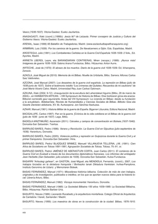 406
Vasco (1936-1937). Vitoria-Gasteiz: Eusko Jaurlaritza.
ANASAGASTI, Iñaki (coord.) (1986b): Jesús M.ª de Leizaola. Primer consejero de Justicia y Cultura del
Gobierno Vasco. Vitoria-Gasteiz: Eusko Jaurlaritza.
ARENAL, Isaac (1999) 95 Batallón de Trabajadores, Madril. (www.esclavitudbajoelfranaquismo.org)
ARMIÑAN, Luis (1939): Por los caminos de la guerra. De Navalcarnero a Gijón. Eds. Españolas, Madril.
AROSTEGUI, Julio (1991): Los Combatientes Carlistas en la Guerra Civil Española 1936-1939. 2 Vols., Ed.
Aportes, Madril.
ARRIETA LBERDI, Leyre, eta BARANDIARAN CONTRERAS, Miren (recops.) (1999): ¡Nunca más!
Imágenes de guerra 1936-1939. Sabino Arana Fundazioa, Bilbo. Hitzaurrea: Anton Aurre.
ARTECHE, José de (1970): El abrazo de los muertos. Diario de la guerra civil 1936-1939. Ed. Icharopena,
Zarautz.
AZAOLA, José Miguel de (2010): Memoria de mi Bilbao. Muelle de Uribitarte, Bilbo. Sarrera: Alfonso Carlos
Saiz Valdivielso.
AZCONA, José Manuel (2007): Los desastres de la guerra civil española. La represión en Bilbao (julio de
1936-junio de 1937). Sobre el testimonio inédito “Los crímenes del Quilates. Recuerdos de mi cautiverio” de
José María Vicario Calvo. Madril, Universidad Rey Juan Carlos/ Dykinson.
AZKUNA, Iñaki (2004: 9-12): «Inauguración de la escultura del Lehendakari Aguirre (Bilbo, 28 de marzo de
2004)», en HAINBATEN ARTEAN.: «VIII Symposium de Historia de Bilbao: Etxe bizitzaren giroa eta arazoa:
Bilboren sorreratik gaur egunerarte. Actas del VIII Symposium: La vivienda en Bilbao: desde su fundación
a la actualidad», Bidebarrieta. Revista de Humanidades y Ciencias Sociales de Bilbao. Bilboko Giza eta
Gizarte Zientzien aldizkaria, XV. lib. Aurkezpena: Jon Sánchez Ibarluzea.
AZNAR, Manuel (1961): Historia Militar de la guerra de España. Bigarren Liburukia, Editora Nacional, Madril.
BACIGALUPE, Carlos (1997): Pan en la guerra. [Crónica de la vida cotidiana en el Bilbao de la guerra civil
(julio de 1936 - junio de 1937). Laga, Bilbo.
BADIOLA ARIZTIMUÑO, Ascensión (2011): Cárceles y campos de concentración en Bizkaia (1937-1940).
Donostia-San Sebastián: Txertoa.
BARRUSO BARES, Pedro (1996): Verano y Revolución. La Guerra Civil en Gipuzkoa (julio-septiembre de
1936). Haranburu, Donostia.
BARRUSO BARÉS, Pedro (2005): Violencia política y represión en Guipúzcoa durante la Guerra Civil y el
primer franquismo. Donostia-San Sebastián: Hiria.
BARRUSO BARES, Pedro/ BLAZQUEZ BRIMEZ, Manuel/ VILLANUEVA TELLERIA, J.M. (1991): Cien
Años de Socialismo en Tolosa 1891-1981, Agrupación Socialista de Tolosa, Tolosa, 79.-91. or.
BARRUSO BARES, Pedro/ JIMÉNEZ DE ABERASTURI CORTA, Juan Carlos (2011): El comienzo de la
Guerra Civil en Euskadi a través de los documentos diplomáticos franceses. Los informes del embajador
Jean Herbette (San Sebastián: julio-octubre de 1936). Donostia-San Sebastián, Kutxa Fundazioa.
BASARRI “Aritxulegi gañean”, en GASTON, José Miguel, eta MENDIOLA, Fernando, (coord.), 2007, Los
trabajos forzados en la dictadura franquista / Bortxazko lanak Diktadura frankistan. Iruñea-Pamplona,
Instituto Geronimo de Uztariz y Memoriaren Bideak.
BASAS FERNÁNDEZ, Manuel (1971): Miscelánea histórica bilbaína. Colección de más de cien trabajos,
originales y de investigación, publicados e inéditos, en los que se aportan nuevos datos para la historia lo-
cal. Librería Arturo, Bilbo.
BASAS FERNÁNDEZ, Manuel (1982): Vizcaya monumental. Haranburu, Donostia.
BASAS FERNÁNDEZ, Manuel (1989): La Sociedad Bilbaina 150 años 1839-1989. La Sociedad Bilbaína,
Bilbo. Hitzaurrea: Ramón Barbier Uría.
BASURTO, Nieves (1986): Leonardo Rucabado y la arquitectura montañesa. Colegio Oficial de Arquitectos
de Cantabria / Xarait, Santander / Madril.
BASURTO, Nieves (1999): Los maestros de obras en la construcción de la ciudad. Bilbao, 1876-1910.
 
