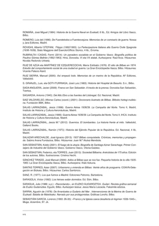 416
ROMAÑA, José Miguel (1984): Historia de la Guerra Naval en Euskadi, 6 lib., Ed. Amigos del Libro Vasco,
Bilbo.
ROMERO, Luis del (1996): De Fuendetodos a Fuenteovejuna. Memorias de un comisario de guerra. Nossa
y Jara Editores, Madril.
ROVIGHI, Alberto/ STEFANI, Filippo (1992/1993): La Partecipazione Italiana alla Guerra Civile Spagnola
(1936-1939), Stato Maggiore dell´Esercito/Ufficio Storico, 4 lib., Erroma.
RUBIRALTA I CASAS, Fermí (2014): Un panadero socialista en el Gobierno Vasco. Biografía política de
Paulino Gómez Beltrán (1892-1963). Hiria, Donostia, VI eta VII atalak. Aurkezpena: Raúl Arza. Hitzaurrea:
Nicolás Redondo Urbieta.
RUIZ DE AZÚA eta MARTÍNEZ DE EZQUERECOCHA, María Estíbaliz (1976): El sitio de Bilbao en 1874.
Estudio del comportamiento social de una ciudad en guerra. La Gran Enciclopedia Vasca, Bilbo. Hitzaurrea:
Vicente Palacio Atard.
RUIZ SIERRA, Manuel (2005): Así empezó todo. Memorias de un marino de la República. AF Editores,
Valladolid.
S. GRANJEL, Luis, eta GOTI ITURRIAGA, José Luis (1983): Historia del Hospital de Basurto. S.n., Bilbo.
SADAANGUERA, Javier (2009): Franco en San Sebastián. A través de la prensa. Donostia-San Sebastián,
Txertoa.
SAGARDIA, Antonio (1940): Del Alto Ebro a las fuentes del Llobregat. Ed. Nacional, Madril.
SAIZ VALDIVIELSO, Alfonso Carlos (coord.) (2001): Diccionario ilustrado de Bilbao. Bilboko hiztegi irudidu-
na. Fundación BBK, Bilbo.
SALAS LARRAZABAL, Jesús (1998): Guerra Aérea 1936/39. La Campaña del Norte. Tomo II, Madril,
Instituto de Historia y Cultura Aeronáuticas, Madril.
SALAS LARRAZABAL, Jesús (1999): Guerra Aérea 1936/39. La Campaña del Norte. Tomo II, IHCA. Instituto
de Historia y Cultura Aeronáuticas, Madril.
SALAS LARRAZÁBAL, Jesús M.ª (2012): Guernica. El bombardeo. La historia frente al mito. Valladolid,
Galland Books.
SALAS LARRAZABAL, Ramón (1973): Historia del Ejército Popular de la República. Ed. Nacional, 4 lib,
Madril.
SALAZAR ARECHALDE, José Ignacio (2013): 1937 Bilbao conquistada. Crónicas, memorias y propagan-
da. Sabino Arana Fundazioa, Bilbo. Hitzaurrea: Juan M.ª Atutxa Mendiola.
SAN SEBASTIÁN, Koldo (2001): El fuego de la utopía. Biografía de Santiago Aznar Sarachaga. Primer Con-
sejero de Industria del Gobierno Vasco. Gobierno Vasco, Vitoria-Gasteiz.
SAN SEBASTIÁN, Federico, eta TORRES, Juan (2013): Sociedad Bilbaína. Anécdotas de 175 años. Edición
de los autores, Bilbo. Ilustraciones: Cristina Hecht.
SÁNCHEZ TIRADO, José Manuel (2000): Adiós al Bilbao que se nos fue. Pequeña historia de la villa 1935-
1983. La Gran Enciclopedia Vasca, Bilbo. Aurkezpena: Iñaki Azkuna.
SANTAS TORRES, Asier (2007): Urbanismo y vivienda en Bilbao. Veinte años de posguerra. COAVN-Dele-
gación en Bizkaia, Bilbo. Hitzaurrea: Carlos Sambricio.
SANZ, R. (1977): Los que fuimos a Madrid. Ediciones Petronio, Bartzelona.
SARASOLA, Víctor (1992): Los héroes están dormidos. Ed. Ekin, Bilbo.
SARASUA, Julio (1986: s.p.): «Recordando», en EUZKO GUDAROZTEA: Gudari. Revista gráfica semanal
de Euzko Gudaroztea. Eguzki, Bilbo. Aurkezpen testua: Jesús María Leizaola. Faksimile edizioa.
SARRIA, Agustín de (1978): De Arrantzales a Gudaris del Mar . Intervenciones de la Marina de Guerra de
Euzkadi. Batalla de Matxitxako. Narrado por sus protagonistas. Gráficas Loroño, Bilbo.
SEBASTIÁN GARCÍA, Lorenzo (1993: 26-35): «Franco y la Iglesia vasca desafecta al régimen 1939-1945»,
Muga, diciembre, 87. zk.
 