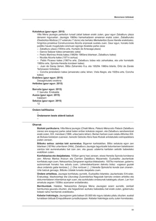 Memoriaren ibilbideak
69
Kokalekua (gaur egun: 2015)
Villa Mena jauregia parkedun lursail zabal batean eraiki zuten, gaur egun Zabalburu plaza
denaren inguruetan. Jauregia 1960ko hamarkadaren amaieran eraitsi zuten, Zabalburuko
Etxebizitza Multzoa (17 solairuko 7 dorre) eta bertako Merkataritza Gune Handia eraikitzeko;
hirigintza proiektua Construcciones Alcorta enpresak sustatu zuen. Gaur egun, honako bide
publiko hauek mugatutako eremuan egongo litzateke parke osoa:
– Zabalburu plaza (1954ra arte, Hurtado de Amezaga plaza)
– García Salazar kalea (amaierako zatia)
– Pedro Martínez Artola kalea (1962tik 1965era bitartean, Zabalburu kalea)
– Nicolás Alcorta kalea (1971n sortua)
– Pablo Picasso kalea (1967ra arte, Zabalburu bidea edo zeharkalea, eta urte horretatik
1980ra arte, Spinola-Heredia kondeen kalea)
– Juan de Garay (lehen, Bilbo Zaharreko X.a, eta 1952tik 1980ra bitarte, Ortiz de Zarate
Tertzioaren hiribidea)
– Concha jeneralaren kalea (amaierako zatia; lehen, Vista Alegre, eta 1926ra arte, Concha
kalea)
Erabilera (gaur egun: 2015)
Desagertutako eraikina
Helbidea (gaur egun: 2015)
-
Barrutia (gaur egun: 2015)
7. barrutia: Errekalde
Auzoa (gaur egun: 2015)
Iralabarri
Sekzioa (gaur egun: 2015)
12
Ondare kalifikazioa
–
Ondarearen beste alderdi batzuk
–
Oharrak
Bizitoki partikularra. Villa Mena jauregia (Chalé Mena, Palacio Mena edo Palacio Zabálburu
izenez ere ezaguna) parke zabal baten erdian kokatuta zegoen, eta Zabalburu sendiarentzat
eraiki zuten, XIX. mendean (1866. urtea baino lehen). Bertan hartzen zuen ostatuAlfontso XIII.
ak Bizkaia bisitatzen zuenean, bereziki Getxoko Abra Itsas Klubak antolatutako estropadetara
joaten zenean.
Bilboko setioa: zaintza toki aurreratua. Bigarren karlistaldian, Bilbo setiatuta egon zen
bitartean (1874ko urtarrilaren 24tik), Zabalburu Jauregia laguntzaile boluntarioen batailoiaren
zaintza toki aurreratuetako bat izan zen, eta gauez udalerria karlisten setiotik babesteko
erabiltzen zuten.
Konfiskazioa eta desjabetzea. 1936an gerra hasi zenean, etxea Heredia Spinola kondeena
zen: Alfonso Martos Arizcun eta Carmen Zabálburu Mazarredo. Euzkadiko Jaurlaritzak
konfiskatu egin zuen, Nekazaritza Zaingoaren egoitza bilakatzeko. 1937ko martxoan, gobernu
autonomoak honako hau adostu zuen, Lehendakaritzaren dekretu bidez: «ogasun guziak
deus ordaindu gabe kentzea [...]. Ona nortzuei: […] Heredia Spinola’ko konde izan ziranei».
Urte batzuk geroago, Bilboko Udalak lursaila desjabetu zuen.
Ondare artistikoa. Jauregia konfiskatu aurretik, Euzkadiko bitarteko Jaurlaritzako Erti-eder,
Erakustegi, Idazkizartegi eta Liburutegi Zuzendaritza Nagusiak barruko ondare artistiko eta
dokumentalaren inbentarioa egin zuen, eta aurkitutako ondasunak katalogatu zituen. Lan hori
amaituta zegoen 1936ko azaroaren erdialderako.
Berrikuntzak. Halaber, Nekazaritza Zaingoa Mena Jauregian ezarri aurretik, zenbait
berrikuntza gauzatu zituzten, eta hegazkinen aurkako babesleku bat eraiki zuten, gobernuko
kideek nahiz herritarrek erabiltzeko.
Kebelar Irakintegia. Jauregiaren gela batean 20.000 kilo inguru tabako pilatu zituzten, euskal
lurraldean bilduak Errepublikaren jurisdikziopean. Kebelar Irakintegia sortu zuten horretarako.
 