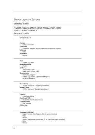 80
Gizarte Laguntza Zaingoa
Estraunza txaleta
EUZKADIKO BITARTEKO JAURLARITZA (1936-1937)
GIZARTE LAGUNTZA ZAINGOA
Estraunza txaleta
Erregistro zk. 10
Egoitza
Estraunza txaleta
Erakundea
Euzkadiko bitarteko Jaurlaritzako Gizarte Laguntza Zaingoa
Udalerria
Bilbo
Probintzia
Bizkaia
Saila
Gizarte Laguntza
Alderdi politikoa
PSOE
Sailburua
Juan Gracia Colás
(Bilbo: 1891 / Paris: 1941)
Organigrama
Idazkaritza Nagusia
Gizarte Laguntzako Zuzendaritza Nagusia
Lege Onuemalletza
Hasiera data
1936ko azaroaren 23a (gutxi gorabehera)
Amaiera data
1937ko ekainaren 16a (gutxi gorabehera)
Eraikina
Estraunza txaleta
Erabilera (1936)
Etxebizitza (familia bakarrekoa)
Eraikitze urteak
XIX. mendea
Arkitektoa
-
Helbidea (1936-1937)
Lopez Harokoa Kale Nagusia, 55. zk. [posta helbidea]
Bilbo
Bizkaia
Areiltza doktorearen zumarkalea, 7. zk. [herritarrentzako sarbidea]
Bilbo
Bizkaia
 