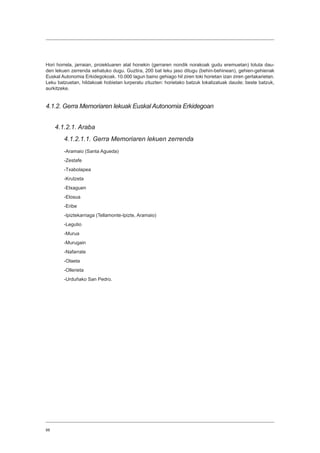 88
Hori horrela, jarraian, proiektuaren atal honekin (gerraren nondik norakoak gudu eremuetan) lotuta dau-
den lekuen zerrenda xehatuko dugu. Guztira, 200 bat leku jaso ditugu (behin-behinean), gehien-gehienak
Euskal Autonomia Erkidegokoak. 10.000 lagun baino gehiago hil ziren toki horietan izan ziren gertakarietan.
Leku batzuetan, hildakoak hobietan lurperatu zituzten: horietako batzuk lokalizatuak daude; beste batzuk,
aurkitzeke.
4.1.2. Gerra Memoriaren lekuak Euskal Autonomia Erkidegoan
4.1.2.1. Araba
4.1.2.1.1. Gerra Memoriaren lekuen zerrenda
-Aramaio (Santa Agueda)
-Zestafe
-Txabolapea
-Krutzeta
-Etxaguen
-Elosua
-Eribe
-Ipiztekarriaga (Tellamonte-Ipizte, Aramaio)
-Legutio
-Murua
-Murugain
-Nafarrate
-Olaeta
-Ollerieta
-Urduñako San Pedro.
 