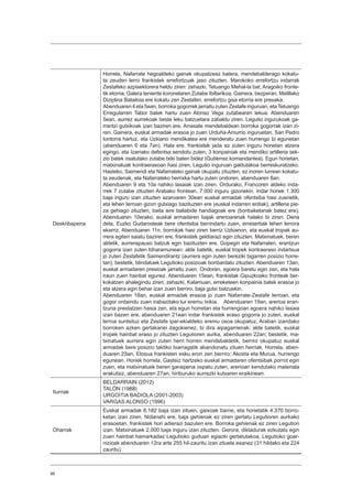 96
Deskribapena
Horrela, Nafarrate hegoaldeko gainak okupatzeaz batera, mendebalderago kokatu-
ta zeuden lerro frankistek errefortzuak jaso zituzten. Marokoko errefortzu indarrak
Zestafeko azpisektorera heldu ziren: zehazki, Tetuango Mehal-la bat, Aragoiko fronte-
tik etorria, Galera teniente koronelaren Zutabe Ibiltarikoa. Gainera, bezperan, Melillako
Diziplina Batailoia ere kokatu zen Zestafen, errefortzu gisa etorria ere presaka.
Abenduaren 4 eta 5ean, borroka gogorrek jarraitu zuten Zestafe inguruan, etaTetuango
Erregularren Tabor batek hartu zuen Alonso Vega zutabearen lekua. Abenduaren
5ean, aurrez aurrekoak beste leku batzuetara zabaldu ziren. Legutio ingurukoak ga-
rrantzi gutxikoak izan baziren ere, Arrasate mendebaldean borroka gogorrak izan zi-
ren. Gainera, euskal armadak erasoa jo zuen Urduña-Amurrio inguruetan, San Pedro
tontorra hartuz, eta Uzkiano mendikatea ere menderatu zuen hurrengo bi egunetan
(abenduaren 6 eta 7an). Hala ere, frankistek jada ez zuten inguru honetan atzera
egingo, eta Izarrako defentsa sendotu zuten, 3 konpainiak eta mendiko artilleria sek-
zio batek osatutako zutabe txiki baten bidez (Gutiérrez komandantea). Egun horietan,
matxinatuak kontraerasoan hasi ziren, Legutio inguruan galdutakoa berreskuratzeko.
Hasteko, Saimendi eta Nafarrateko gainak okupatu zituzten, ez inoren lurrean kokatu-
ta zeudenak, eta Nafarrateko herrixka hartu zuten ondoren, abenduaren 8an.
Abenduaren 9 eta 10a nahiko lasaiak izan ziren. Ordurako, Francoren aldeko inda-
rrek 7 zutabe zituzten Arabako frontean, 7.000 inguru gizonekin. Indar horiek 1.300
baja inguru izan zituzten azaroaren 30ean euskal armadak ofentsiba hasi zuenetik,
eta lehen lerroan gizon gutxiago bazituzten ere (euskal indarren erdiak), artilleria pie-
za gehiago zituzten, baita aire baliabide handiagoak ere (bonbaketariak batez ere).
Abenduaren 10erako, euskal armadaren bajak arerioarenak halako bi ziren. Dena
dela, Euzko Gudarosteak bere ofentsiba berrindartu zuen, erreserbak lehen lerrora
ekarriz. Abenduaren 11n, borrokak hasi ziren berriz Uzkianon, eta euskal tropak au-
rrera egiten saiatu baziren ere, frankistek geldiarazi egin zituzten. Matxinatuek, beren
aldetik, aurrerapauso batzuk egin bazituzten ere, Gopegin eta Nafarraten, erantzun
gogorra izan zuten biharamunean: alde batetik, euskal tropek kontraeraso indartsua
jo zuten Zestafetik Saimendirantz (aurrera egin zuten bereziki bigarren posizio horre-
tan); bestetik, blindatuek Legutioko posizioak bonbardatu zituzten. Abenduaren 13an,
euskal armadaren presioak jarraitu zuen. Ondoren, egoera baretu egin zen, eta hala
iraun zuen hainbat egunez. Abenduaren 15ean, frankistak Gipuzkoako fronteak ber-
kokatzen ahalegindu ziren; zehazki, Kalamuan, erreketeen konpainia batek erasoa jo
eta atzera egin behar izan zuen berriro, baja gutxi batzuekin.
Abenduaren 18an, euskal armadak erasoa jo zuen Nafarrate-Zestafe lerroan, eta
gogor ordaindu zuen irabazitako lur eremu txikia. Abenduaren 19an, arerioa eran-
tzuna prestatzen hasia zen, eta egun horretan eta hurrengoan egoera nahiko lasaia
izan bazen ere, abenduaren 21ean indar frankistek eraso gogorra jo zuten, euskal
lerroa suntsituz eta Zestafe ipar-ekialdeko eremu osoa okupatuz. Araban izandako
borroken azken gertakariei dagokienez, bi dira aipagarrienak: alde batetik, euskal
tropek hainbat eraso jo zituzten Legutioren aurka, abenduaren 22an; bestetik, ma-
txinatuek aurrera egin zuten herri horren mendebaldetik, berriro okupatuz euskal
armadak bere posizio taktiko txarragatik abandonatu zituen herriak. Horrela, aben-
duaren 23an, Elosua frankisten esku erori zen berriro; Akosta eta Murua, hurrengo
egunean. Horiek horrela, Gasteiz hartzeko euskal armadaren ofentsibak porrot egin
zuen, eta matxinatuek beren garaipena ospatu zuten, arerioari kendutako materiala
erakutsiz, abenduaren 27an, hiriburuko aurrezki kutxaren eraikinean.
Iturriak
BELDARRAIN (2012)
TALÓN (1988)
URGOITIA BADIOLA (2001-2003)
VARGAS ALONSO (1996)
Oharrak
Euskal armadak 6.182 baja izan zituen, gaixoak barne, eta horietatik 4.370 borro-
ketan izan ziren. Nolanahi ere, baja gehienak ez ziren gertatu Legutioren aurkako
erasoetan, frankistek hori adierazi bazuten ere. Borroka gehienak ez ziren Legution
izan. Matxinatuek 2.000 baja inguru izan zituzten. Gerora, diktadurak ezkutatu egin
zuen hainbat hamarkadaz Legutioko guduan egiazki gertatutakoa, Legutioko goar-
nizioak abenduaren 12ra arte 255 hil-zauritu izan zituela esanez (31 hildako eta 224
zauritu).
 