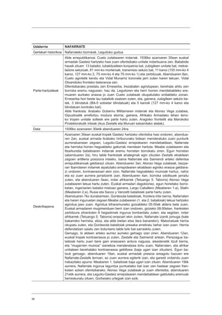98
Udalerria NAFARRATE
Gertakari historikoa Nafarrateko borrokak, Legutioko gudua.
Parte-hartzaileak
Alde errepublikanoa: Cueto zutabearen indarrak. 1936ko azaroaren 30ean euskal
armadak Gasteiz hartzeko hasi zuen ofentsibako unitate indartsuena zen. Baliabide
hauek zituen: 13 batailoi, lubakitzaileen konpainia bat, zubigileen unitate bat, metrai-
ladore sekzioak, 81 mm-ko morteroak, transmisio sekzio bat, 11 kanoi (155 mm-ko 4
kanoi, 127 mm-ko 2, 75 mm-ko 4 eta 70 mm-ko 1) eta zerbitzuak. Abenduaren 8an,
Cueto agintetik kendu eta Vidal Munarriz koronela jarri zuten haren lekuan. Vidal
Otxandioko fronteko beteranoa zen.
Ofentsibarako prestatu zen Erreserba, Irezabalen agindupean, berehala ahitu zen
borroka eremu nagusian; hau da, Legutioren eta herri horren mendebaldeko ere-
muaren aurkako erasoa jo zuen Cueto zutabeak okupatutako erdialdeko zonan.
Erreserba hori beste lau batailoik osatzen zuten, eta, gainera, zubigileen sekzio ba-
tek, 3 blindatuk (BA-5 sobietar blindatuak) eta 5 kanoik (127 mm-ko 4 kanoi eta
blindatuen kontrako bat).
Alde frankista: Arabako Gobernu Militarraren indarrak eta Alonso Vega zutabea,
Gipuzkoatik errefortzu modura etorria; gainera, Afrikako Armadako lehen lerro-
ko tropen unitate solteek ere parte hartu zuten, Aragoiko frontetik eta Marokoko
Protektoratutik iritsiak (ikus Zestafe eta Muruari eskainitako atalak).
Data 1936ko azaroaren 30etik abenduaren 24ra.
Deskribapena
Azaroaren 30ean euskal tropek Gasteiz hartzeko ofentsiba hasi ondoren, abendua-
ren 2an, euskal armada Arabako hiribururako bidean menderatuko zuen punturik
aurreratuenean zegoen, Legutio-Gasteiz errepidearen mendebaldean, Nafarrate
eta herrixka horren hegoaldeko gailurrak mendean hartuta. Meabe zutabearen eta
Itxarkundia batailoiaren indarrak eremu horretan borrokatu ziren. Egun horretan
(abenduaren 2a), hiru talde frankistak ahaleginak egin zituzten Zestafe ekialdean
zegoen artilleria posiziora iristeko, baina Nafarrate eta Saimendi arteko defentsa
errepublikanoak geldiarazi zituen. Abenduaren 3an, Alonso Vega zutabeak, bezpe-
ran Ibarrolaren indarrek aipatutako errepidearen ekialdean eginiko erasoa geldiara-
zi ondoren, kontraerasoari ekin zion, Nafarrate hegoaldeko muinoak hartuz, nahiz
eta ez zuen aurrera jarraitzerik izan. Abenduaren 4an, borroka odoltsuek jarraitu
zuten, eta abenduaren 5ean, indar afrikarrek (Tetuango 5. Taborra) Alonso Vega
zutabearen lekua hartu zuten. Euskal armadari dagokionez, egun horietako borro-
ketan, ingeniarien batailoi mistoaz gainera, Largo Caballero (Meaberen 1.a), Stalin
(Meaberen 2.a), Rusia eta Sacco y Vanzetti batailoiek parte hartu zuten.
Abenduaren 7ko ilunabarrean, Gordexola batailoiak, frontera iritsi berria, Nafarraten
eta haren inguruetan zegoen Meabe zutabearen (1. eta 2. batailoiak) lekua hartzeko
agindua jaso zuen. Agindua biharamuneko goizaldeko 05:00ak aldera bete zuen.
Euskal armadaren mugimenduen berri izan ondoren, goizeko 09:00etan, frankisten
zerbitzura ziharduten 8 hegazkinek ingurua bonbardatu zuten, eta segidan, indar
afrikarrek (Tetuango 5. Taborra) erasoari ekin zioten, Nafarrate izanik jomuga (kale
bakarreko herrixka, eliza, eta alde bietan etxe ilara banarekin). Matxinatuek herria
okupatu zuten, eta Gordexola batailoiak presaka erretiratu behar izan zuen. Herria
defendatzen saiatu zen boluntario talde txiki bat sarraskitu zuten.
Geroago, bi aldeen arteko aurrez aurreko gehiago izan ziren. Abenduaren 12an,
euskal tropek kontraerasoa jo zuten, Zestafe eta Saimendi artean. Perezagua ba-
tailoiak hartu zuen bere gain erasoaren ardura nagusia, atsedenetik itzuli berria,
eta “mugarrien muinoa” izenekoa menderatzea lortu zuen, Nafarraten, eta afrikar
unitateen berehalako kontraerasoa gelditzea (baja ugari izan zituzten). Egun ba-
tzuk geroago, abenduaren 18an, euskal armadak presioa areagotu bazuen ere
Nafarrate-Zestafe lerroan, ez zuen aurrera egiterik izan, eta garesti ordaindu zuen
irabazitako apurra: Meaberen 1. batailoiak baja ugari izan zituen. Abenduaren 19tik
aurrera, Nafarrate ingurua laguntza puntuetako bat izan zen hastear zegoen fran-
kisten azken ofentsibarako. Alonso Vega zutabeak jo zuen ofentsiba, abenduaren
21etik aurrera, eta Legutio-Gasteiz errepidearen mendebaldean galdutako eremuak
berreskuratu zituen, Gorbeiako urtegiak izan ezik.
 