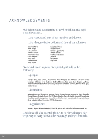 ACKNOWLEDGEMENTS

          Our activities and achievements in 2006 would not have been
          possible without...
              ...the support and trust of our members and donors.
              ...the ideas, motivation, efforts and time of our volunteers:
              Irene Cara Mayor                        Henry Oliver Peredo
              María Crespo                            Imogen Thurbon
              Lara Cummings                           Fabienne López Dasylva
              Francisco Donoso                        Andrew Losowsky
              Irene García Lasala                     Sara Maldonado Tierno
              Elena Giorgianni                        José Martí
              Nancy Heine                             Olivia Newton
              Lena Johansson                          Kelly Saelak
              Jenny Mitchell


          We would like to express our special gratitude to the
          following:
              ...people:
              Juan José Botija, David Cardillo, Lara Cummings, Marta Domínguez, Rosa del Fresno, Loli Gálvez y todos
              los amigos de Músicos por la Páz, Jessica Hauff, Naif Khouran, Maite Landa, Álvaro Minguito, Ana Moya,
              Ma Carmen Navarro, Pedro Nieto Fernández, Juan Ignacio Ocaña, Elías Rodríguez, Fernando Ruiz López,
              Cristina Silverio.

              ...companies:
              Aduanas Comercios y Transportes, American Express, Avannet Sistemas Informáticos, Banco Santander
              Central Hispano, Bordados Yordas, City FM Radio, Estudios Abaira, In Madrid, Industrial Farmacéutica
              Cantabria, Majadahonda Ingeniería y Gestión XXI, Perﬁl Gráﬁco, Petra’s International Bookshop, Ratiopharm,
              Royal Jordanian Airlines, Solomedios, TBS-The Broadsheet.

              ...organizations:
              Biblioteca Regional de Castilla-La Mancha, Facultad de Medicina de la Universidad Autónoma, Fundación ICO.


          And above all, our heartfelt thanks to our beneﬁciaries, for
          inspiring us every day with their courage and their fortitude.




30
 