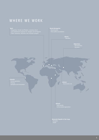 WHERE WE WORK
Spain                                                     Bosnia-Herzegovina
� Integration, family reunification, voluntary return     � Reconstruction
  and resettlement programs for refugees and immigrants   � Post-conflict reconciliation
� Public awareness, education and volunteer program

                                                                                           Albania
                                                                                           � Education



                                                                                                         Afghanistan
                                                                                                         � Reconstruction
                                                                                                         � Education




Colombia
� Income generation
                                                                                   Lebanon
� Housing
                                                                                   � Humanitarian aid
� Sanitation and environment




                                                                      Ethiopia
                                                                      � Food security
                                                                      � Environmental regeneration




                                                              Democratic Republic of the Congo
                                                              � Education
                                                              � Health




                                                                                                                            5
 