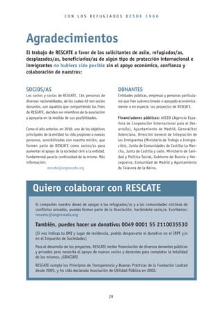 CON LOS REFUGIADOS DESDE 1960




Agradecimientos
El trabajo de RESCATE a favor de los solicitantes de asilo, refugiados/as,
desplazados/as, beneficiarios/as de algún tipo de protección internacional e
inmigrantes no hubiera sido posible sin el apoyo económico, confianza y
colaboración de nuestros:


SOCIOS/AS                                                   DONANTES
Los socios y socias de RESCATE, 184 personas de             Entidades públicas, empresas y personas particula-
diversas nacionalidades, de los cuales 42 son socios        res que han subvencionado o apoyado económica-
donantes, son aquellos que compartiendo los fines           mente o en especie, los proyectos de RESCATE.
de RESCATE, deciden ser miembros de la asociación
y apoyarla en la medida de sus posibilidades.               Financiadores públicos: AECID (Agencia Espa-
                                                            ñola de Cooperación Internacional para el Des-
Como el año anterior, en 2010, uno de los objetivos         arrollo), Ayuntamiento de Madrid, Generalitat
principales de la entidad ha sido proponer a nuevas         Valenciana, Dirección General de Integración de
personas, sensibilizadas con nuestra misión, que            los Inmigrantes (Ministerio de Trabajo e Inmigra-
formen parte de RESCATE como socios/as para                 ción), Junta de Comunidades de Castilla-La Man-
aumentar el apoyo de la sociedad civil a la entidad,        cha, Junta de Castilla y León, Ministerio de Sani-
fundamental para la continuidad de la misma. Más            dad y Política Social, Gobierno de Bosnia y Her-
información:                                                zegovina, Comunidad de Madrid y Ayuntamiento
              rescate@ongrescate.org                        de Talavera de la Reina.




    Quiero colaborar con RESCATE
      Si compartes nuestro deseo de apoyar a los refugiados/as y a las comunidades víctimas de
      conflictos armados, puedes formar parte de la Asociación, haciéndote socio/a. Escríbenos:
      rescate@ongrescate.org

      También, puedes hacer un donativo: 0049 0001 55 2110035530
      (Si nos indicas tu DNI y lugar de residencia, podrás desgravarte el donativo en el IRPF y/o
      en el Impuesto de Sociedades)

      Para el desarrollo de los proyectos, RESCATE recibe financiación de diversos donantes públicos
      y privados pero necesita el apoyo de nuevos socios y donantes para completar la totalidad
      de los mismos. ¡GRACIAS!

      RESCATE cumple los Principios de Transparencia y Buenas Prácticas de la Fundación Lealtad
      desde 2005, y ha sido declarada Asociación de Utilidad Pública en 2002.




                                                       29
 