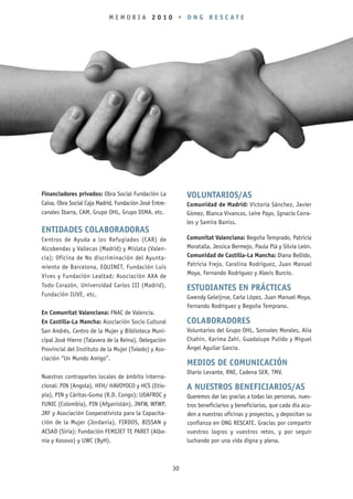 MEMORIA 2010 • ONG RESCATE




Financiadores privados: Obra Social Fundación La             VOLUNTARIOS/AS
Caixa, Obra Social Caja Madrid, Fundación José Entre-        Comunidad de Madrid: Victoria Sánchez, Javier
canales Ibarra, CAM, Grupo OHL, Grupo DIMA, etc.             Gómez, Blanca Vivancos, Leire Payo, Ignacio Corra-
                                                             les y Samira Baniss.
ENTIDADES COLABORADORAS
Centros de Ayuda a los Refugiados (CAR) de                   Comunitat Valenciana: Begoña Temprado, Patricia
Alcobendas y Vallecas (Madrid) y Mislata (Valen-             Moratalla, Jessica Bermejo, Paula Plá y Silvia León.
cia); Oficina de No discriminación del Ayunta-               Comunidad de Castilla-La Mancha: Diana Bellido,
miento de Barcelona, EQUINET, Fundación Luis                 Patricia Frejo, Carolina Rodríguez, Juan Manuel
                                                             Moya, Fernando Rodríguez y Alexis Burcio.
Vives y Fundación Lealtad; Asociación AXA de
Todo Corazón, Universidad Carlos III (Madrid),
                                                             ESTUDIANTES EN PRÁCTICAS
Fundación IUVE, etc.                                         Gwendy Geleijnse, Carla López, Juan Manuel Moya,
                                                             Fernando Rodríguez y Begoña Temprano.
En Comunitat Valenciana: FNAC de Valencia.
En Castilla-La Mancha: Asociación Socio Cultural             COLABORADORES
San Andrés, Centro de la Mujer y Biblioteca Muni-            Voluntarios del Grupo OHL, Sonsoles Morales, Alia
cipal José Hierro (Talavera de la Reina), Delegación         Chahin, Karima Zahi, Guadalupe Pulido y Miguel
Provincial del Instituto de la Mujer (Toledo) y Aso-         Ángel Aguilar García.
ciación “Un Mundo Amigo”.
                                                             MEDIOS DE COMUNICACIÓN
                                                             Diario Levante, RNE, Cadena SER, TMV.
Nuestras contrapartes locales de ámbito interna-
cional: PIN (Angola), HFH/ HAVOYOCO y HCS (Etio-             A NUESTROS BENEFICIARIOS/AS
pía), PIN y Cáritas-Goma (R.D. Congo); UOAFROC y             Queremos dar las gracias a todas las personas, nues-
FUNIC (Colombia), PIN (Afganistán), JNFW, WFWP,              tros beneficiarios y beneficiarias, que cada día acu-
JRF y Asociación Cooperativista para la Capacita-            den a nuestras oficinas y proyectos, y depositan su
ción de la Mujer (Jordania), FIRDOS, BISSAN y                confianza en ONG RESCATE. Gracias por compartir
ACSAD (Siria); Fundación FEMIJET TE PARET (Alba-             vuestros logros y vuestros retos, y por seguir
nia y Kosovo) y UWC (ByH).                                   luchando por una vida digna y plena.



                                                        30
 