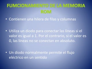 • Contienen una hilera de filas y columnas
• Utiliza un diodo para conectar las líneas si el
valor es igual a 1. Por el contrario, si el valor es
0, las líneas no se conectan en absoluto.

• Un diodo normalmente permite el flujo
eléctrico en un sentido

 