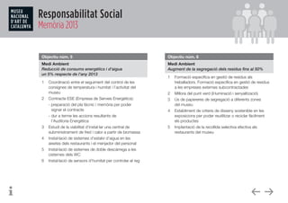 Responsabilitat Social
Memòria 2013
Objectiu núm. 5
Medi Ambient
Reducció de consums energètics i d’aigua 		
un 5% respecte de l’any 2013
1	 Coordinació entre el seguiment del control de les
consignes de temperatura i humitat i l’activitat del
museu
2	 Contracte ESE (Empresa de Serveis Energètics):
	 - preparació del pla tècnic i memòria per poder 	 	
	 signar el contracte
	 -	dur a terme les accions resultants de 	 	 	
	 l’Auditoria Energètica
3	 Estudi de la viabilitat d’instal·lar una central de
subministrament de fred i calor a partir de biomassa
4	 Instal·lació de sistemes d’estalvi d’aigua en les
aixetes dels restaurants i el menjador del personal
5	 Instal·lació de sistemes de doble descàrrega a les
cisternes dels WC
6	 Instal·lació de sensors d’humitat per controlar el reg
Objectiu núm. 6
Medi Ambient
Augment de la segregació dels residus fins al 50%
1	 Formació específica en gestió de residus als
treballadors. Formació específica en gestió de residus
a les empreses externes subcontractades
2	 Millora del punt verd (il·luminació i senyalització)
3	 Ús de papereres de segregació a diferents zones    
del museu
4	 Establiment de criteris de disseny sostenible en les
exposicions per poder reutilitzar o reciclar fàcilment
els productes
5	 Implantació de la recollida selectiva efectiva als
restaurants del museu
 