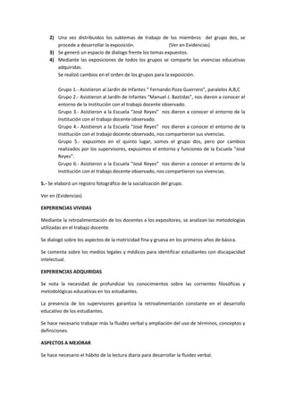 2) Una vez distribuidos los subtemas de trabajo de los miembros del grupo dos, se
       procede a desarrollar la exposición.                (Ver en Evidencias)
    3) Se generó un espacio de dialogo frente los temas expuestos.
    4) Mediante las exposiciones de todos los grupos se comparte las vivencias educativas
       adquiridas.
       Se realizó cambios en el orden de los grupos para la exposición.

        Grupo 1.- Asistieron al Jardín de Infantes “ Fernando Pozo Guerrero”, paralelos A,B,C
        Grupo 2.- Asistieron al Jardín de Infantes “Manuel J. Bastidas”, nos dieron a conocer el
        entorno de la Institución con el trabajo docente observado.
        Grupo 3.- Asistieron a la Escuela “José Reyes” nos dieron a conocer el entorno de la
        Institución con el trabajo docente observado.
        Grupo 4.- Asistieron a la Escuela “José Reyes” nos dieron a conocer el entorno de la
        Institución con el trabajo docente observado, nos compartieron sus vivencias.
        Grupo 5.- expusimos en el quinto lugar, somos el grupo dos, pero por cambios
        realizados por los supervisores, expusimos el entorno y funciones de la Escuela “José
        Reyes”.
        Grupo 6.- Asistieron a la Escuela “José Reyes” nos dieron a conocer el entorno de la
        Institución con el trabajo docente observado, nos compartieron sus vivencias.

5.- Se elaboró un registro fotográfico de la socialización del grupo.

Ver en (Evidencias)

EXPERIENCIAS VIVIDAS

Mediante la retroalimentación de los docentes a los expositores, se analizan las metodologías
utilizadas en el trabajo docente.

Se dialogó sobre los aspectos de la motricidad fina y gruesa en los primeros años de básica.

Se comenta sobre los medios legales y médicos para identificar estudiantes con discapacidad
intelectual.

EXPERIENCIAS ADQUIRIDAS

Se nota la necesidad de profundizar los conocimientos sobre las corrientes filosóficas y
metodológicas educativas en los estudiantes.

La presencia de los supervisores garantiza la retroalimentación constante en el desarrollo
educativo de los estudiantes.

Se hace necesario trabajar más la fluidez verbal y ampliación del uso de términos, conceptos y
definiciones.

ASPECTOS A MEJORAR

Se hace necesario el hábito de la lectura diaria para desarrollar la fluidez verbal.
 