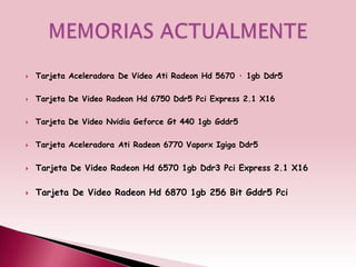    Tarjeta Aceleradora De Video Ati Radeon Hd 5670 · 1gb Ddr5

   Tarjeta De Video Radeon Hd 6750 Ddr5 Pci Express 2.1 X16

   Tarjeta De Video Nvidia Geforce Gt 440 1gb Gddr5

   Tarjeta Aceleradora Ati Radeon 6770 Vaporx Igiga Ddr5

   Tarjeta De Video Radeon Hd 6570 1gb Ddr3 Pci Express 2.1 X16

   Tarjeta De Video Radeon Hd 6870 1gb 256 Bit Gddr5 Pci
 