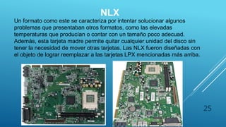 NLX
Un formato como este se caracteriza por intentar solucionar algunos
problemas que presentaban otros formatos, como las elevadas
temperaturas que producían o contar con un tamaño poco adecuad.
Además, esta tarjeta madre permite quitar cualquier unidad del disco sin
tener la necesidad de mover otras tarjetas. Las NLX fueron diseñadas con
el objeto de lograr reemplazar a las tarjetas LPX mencionadas más arriba.
25
 
