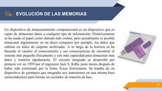 EVOLUCIÓN DE LAS MEMORIAS
17
Un dispositivo de almacenamiento computacional es un dispositivo que es
capaz de almacenar datos o cualquier tipo de información. Históricamente
se ha usado el papel como método más común, pero actualmente es posible
almacenar digitalmente en un disco compacto por ejemplo, los datos que
cabrían en miles de carpetas archivadas. A lo largo de la historia se ha
buscado el camino al conocimiento y sus consecuencias de encontrar el
sistema más pequeño físicamente y con más capacidad para almacenar más
datos y tratarlos rápidamente. El circuito integrado se desarrolló por
primera vez en 1959 por el ingeniero Jack S. Kilby justo meses después de
haber sido contratado por la firma Texas Instruments. Se trataba de un
dispositivo de germanio que integraba seis transistores en una misma base
semiconductora para formar un oscilador de rotación de fase.
 
