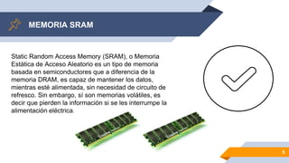 MEMORIA SRAM
5
Static Random Access Memory (SRAM), o Memoria
Estática de Acceso Aleatorio es un tipo de memoria
basada en semiconductores que a diferencia de la
memoria DRAM, es capaz de mantener los datos,
mientras esté alimentada, sin necesidad de circuito de
refresco. Sin embargo, sí son memorias volátiles, es
decir que pierden la información si se les interrumpe la
alimentación eléctrica.
 