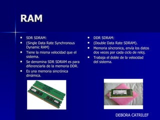 RAM SDR SDRAM: (Single Data Rate Synchronous Dynamic RAM) Tiene la misma velocidad que el sistema. Se denomina SDR SDRAM es para diferenciarla de la memoria DDR.  Es una memoria sincrónica dinámica. DDR SDRAM: (Double Data Rate SDRAM). Memoria síncronica, envía los datos dos veces por cada ciclo de reloj.  Trabaja el doble de la velocidad del sistema. DEBORA CATRILEF 