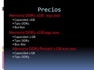 Precios
Memoria DDR2 1GB : $50.000
 • Capacidad: 1GB
 • Tipo: DDR2
 • Bus 800
Memoria DDR2 2GB:$90.000
 • Capacidad: 2 GB
 • Tipo: DDR2
 • Bus: 800
 Memoria DDR3 Portatil 2 GB:$70.000
 • Capacidad:2 GB
 • Tipo: DDR3
 