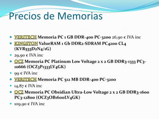 Precios de MemoriasVERITECHMemoria PC 1 GB DDR-400 PC-3200 26,90 € IVA incKINGSTONValueRAM 1 Gb DDR2-SDRAM PC4200 CL4 (KVR533D2N4/1G)29,90 € IVA incOCZ Memoria PC PlatinumLowVoltage 2 x 2 GB DDR3-1333 PC3-10666 (OCZ3P1333LV4GK)99 € IVA incVERITECHMemoria PC 512 MB DDR-400 PC-320014,87 € IVA incOCZMemoria PC Obsidian Ultra-LowVoltage 2 x 2 GB DDR3-1600 PC3-12800 (OCZ3OB1600LV4GK)109,90 € IVA inc
