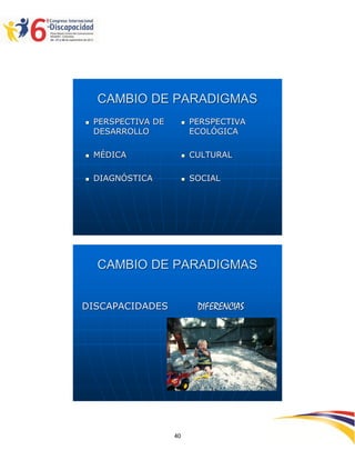 CAMBIO DE PARADIGMAS
   PERSPECTIVA DE           PERSPECTIVA
    DESARROLLO                ECOLÓGICA

   MÉDICA                   CULTURAL

   DIAGNÓSTICA              SOCIAL




    CAMBIO DE PARADIGMAS


DISCAPACIDADES                 DIFERENCIAS




                                             2594040
                     40
 