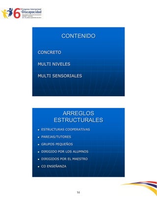 CONTENIDO

CONCRETO

MULTI NIVELES

MULTI SENSORIALES




            ARREGLOS
          ESTRUCTURALES
   ESTRUCTURAS COOPERATIVAS

   PAREJAS/TUTORES

   GRUPOS PEQUEÑOS

   DIRIGIDO POR LOS ALUMNOS

   DIRIGIDOS POR EL MAESTRO

   CO ENSEÑANZA




                               2595151
                      51
 