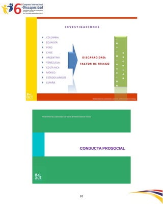 INVESTIGACIONES


    COLOMBIA
                                                                                                        I
    ECUADOR                                                                                           N

    PERÚ                                                                                               T

    CHILE                                                                                              I
                                                                                                                 E
                                                                                                       M
    ARGENTINA                                       D I S C A PA C I D A D :                                    S
                                                                                                        I
                                                                                                                 C
    VENEZUELA                                    FAC TO R D E R I E S G O                             D
                                                                                                                 O
    COSTA RICA                                                                                        A
                                                                                                                 L
    MÉXICO                                                                                            C
                                                                                                                 A
    ESTADOS UNIDOS                                                                                     I
                                                                                                                 R
                                                                                                       Ó
    ESPAÑA
                                                                                                       N




                                                                    PROMOVIENDO INCLUSIÓN DESDE LAS RAÍCES : INTERVENCIONES EN CRIANZA




PROMOVIENDO INCLUSIÓN DESDE LAS RAÍCES: INTERVENCIONES EN CRIANZA




                                                  CONDUCTA PROSOCIAL




                                                  92
 