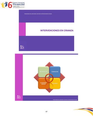 PROMOVIENDO INCLUSIÓN DESDE LAS RAÍCES: INTERVENCIONES EN CRIANZA




                                     INTERVENCIONES EN CRIANZA




                                    INFORMACIÓN                 FORMACIÓN




                                     ACOMPAÑA-
                                                                    RECURSOS
                                       MIENTO




                                                                     PROMOVIENDO INCLUSIÓN DESDE LAS RAÍCES: INTERVENCIONES EN CRIANZA




                                                  97
 