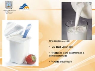 Una ración (aprox.) es:

• 2/3 taza yogurt light

• 1 taza de leche descremada o
semidescremada

• ¾ taza de jocoque
 