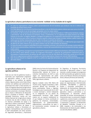 0HPRULDV$8

ĂĂŐƌŝĐƵůƚƵƌĂƵƌďĂŶĂǇƉĞƌŝƵƌďĂŶĂĞƐƵŶĂĐƌĞĐŝĞŶƚĞƌĞĂůŝĚĂĚĞŶůĂƐĐŝƵĚĂĚĞƐĚĞůĂƌĞŐŝſŶ
x ŶƵďĂůŽƐŽƌŐĂŶŽƉſŶŝĐŽƐƵƌďĂŶŽƐĐƵďƌĞŶĂƉƌŽǆŝŵĂĚĂŵĞŶƚĞϯϬŵŝůŚĞĐƚĄƌĞĂƐƋƵĞƉƌŽĚƵĐĞŶŵĄƐĚĞϯŵŝůůŽŶĞƐĚĞ
ƚŽŶĞůĂĚĂƐĚĞǀĞƌĚƵƌĂĨƌĞƐĐĂĂůĂŹŽ͘
x ŶůůƚŽ;ŽůŝǀŝĂͿůŽƐŵŝĐƌŽŚƵĞƌƚŽƐĨĂŵŝůŝĂƌĞƐďĞŶĞĮĐŝĂŶĂŵĄƐĚĞϱϬϬĨĂŵŝůŝĂƐƉŽďƌĞƐƵƌďĂŶĂƐƋƵĞǀŝǀĞŶĐĞƌĐĂĂůŽƐϰ͘ϬϬϬ
ŵƐŶŵĂƉƌŽǀĞĐŚĂŶĚŽĞůƵƐŽĚĞƚĞĐŶŽůŽŐşĂƐĂƉƌŽƉŝĂĚĂƐĐŽŵŽůĂƐĐĂƌƉĂƐƐŽůĂƌĞƐ͘
x ŶŽůŽŵďŝĂ͕ĞŶϵϬŵƵŶŝĐŝƉŝŽƐĚĞůĚĞƉĂƌƚĂŵĞŶƚŽĚĞŶƟŽƋƵŝĂƐĞǀŝĞŶĞƉƌŽĚƵĐŝĞŶĚŽĞŶϳ͘ϱϬϬŚƵĞƌƚĂƐĨĂŵŝůŝĂƌĞƐƵƌďĂŶĂƐ
ǇƉĞƌŝƵƌďĂŶĂƐ͕ŵĄƐĚĞϭϴĞƐƉĞĐŝĞƐĚĞŚŽƌƚĂůŝǌĂƐ͕ĨƌƵƚĂƐǇĐŽŶĚŝŵĞŶƚŽƐ͕ĞŶƵŶƉƌŽŐƌĂŵĂƋƵĞĞƐƉĞƌĂĂůĐĂŶǌĂƌůĂƐϮϯ͘ϬϬϬ
ŚƵĞƌƚĂƐĞŶƚƌĞƐĂŹŽƐ͘ŶŽŐŽƚĄ͕DĞĚĞůůşŶǇĂƌƚĂŐĞŶĂůŽƐŐŽďŝĞƌŶŽƐǇůĂĐŽŽƉĞƌĂĐŝſŶŝŶƚĞƌŶĂĐŝŽŶĂůŚĂŶĐĂƉĂĐŝƚĂĚŽĂŵĄƐ
ĚĞϱϬŵŝůƉĞƌƐŽŶĂƐƉĂƌĂƌĞĂůŝǌĂƌŚƵĞƌƚĂƐĞŶĚŝǀĞƌƐŽƐĞƐƉĂĐŝŽƐƵƌďĂŶŽƐƋƵĞŝŶĐůƵǇĞŶƚĞƌƌĂǌĂƐ͕ĂǌŽƚĞĂƐǇƉĂƟŽƐƚƌĂƐĞƌŽƐ͘^Ğ
ĞƐƟŵĂƋƵĞůĂƐĨĂŵŝůŝĂƐŝŶǀŽůƵĐƌĂĚĂƐĂŚŽƌƌĂŶh^Ψϭ͘ϯĂůĚşĂƉŽƌůĂƐŝĞŵďƌĂĚĞĂůŝŵĞŶƚŽƐ͘
x ŶƵƌŝƟďĂ;ƌĂƐŝůͿƵŶŽƐϴŵŝůĂŐƌŝĐƵůƚŽƌĞƐƵƌďĂŶŽƐǇϲŵŝůĞƐĐŽůĂƌĞƐĐƵůƟǀĂŶĂůŝŵĞŶƚŽƐĞŶϭ͘ϮϴϬŚƵĞƌƚĂƐƋƵĞŽĐƵƉĂŶŵĄƐ
ĚĞϮϬϬŚĄƐĚĞƐƵĞůŽƐƵƌďĂŶŽƐĞŶůŽƐƋƵĞůŽŐƌĂŶƉƌŽĚƵĐŝƌŵĄƐĚĞϰ͘ϭϬϬƚŽŶĞůĂĚĂƐĚĞĂůŝŵĞŶƚŽƐ͘
x ŶYƵŝƚŽ;ĐƵĂĚŽƌͿĞůƉƌŽŐƌĂŵĂ'ZhWZƉƌŽŵƵĞǀĞĂĐƟǀŝĚĂĚĞƐŚŽƌơĐŽůĂƐǇĚĞƉƌŽĚƵĐĐŝſŶĚĞĂŶŝŵĂůĞƐŝŶǀŽůƵĐƌĂŶĚŽŵĄƐ
ĚĞϱϮϬŚƵĞƌƚĂƐĚĞŵŽƐƚƌĂƟǀĂƐ͕ĨĂŵŝůŝĂƌĞƐǇĞƐĐŽůĂƌĞƐǇŵĄƐĚĞϭϬϬĞŵƉƌĞŶĚŝŵŝĞŶƚŽƐƉĂƌĂůĂƉƌŽĚƵĐĐŝſŶĚĞĂǀĞƐ͕ĐŽŶĞũŽƐ͕
ĐƵǇĞƐǇƉĞĐĞƐ͘
x ŶDŽƌĞŶŽ;ƌŐĞŶƟŶĂͿ͕ĞůƉƌŽŐƌĂŵĂŵƵŶŝĐŝƉĂůĚĞhWŚĂŝŵƉůĞŵĞŶƚĂĚŽϰ͘ϴϲϬŚƵĞƌƚĂƐĨĂŵŝůŝĂƌĞƐǇϮϵŚƵĞƌƚĂƐĐŽŵƵŶŝƚĂƌŝĂƐ͘
x Ŷ ŝŵĂ ;WĞƌƷͿ ǀĂƌŝŽƐ ĚŝƐƚƌŝƚŽƐ ĐƵĞŶƚĂŶ ĐŽŶ WƌŽŐƌĂŵĂƐ DƵŶŝĐŝƉĂůĞƐ Ğ ŝŶƐƚĂŶĐŝĂƐ ĚĞ ƉĂƌƟĐŝƉĂĐŝſŶ ŵƵůƟĂĐƚŽƌĂů ƉĂƌĂ ůĂ
ĨŽƌŵƵůĂĐŝſŶĞŝŵƉůĞŵĞŶƚĂĐŝſŶĚĞƉŽůşƟĐĂƐĚĞhW͕ĐŽŵŽĞƐĞůĐĂƐŽĚĞsŝůůĂDĂƌşĂĚĞůdƌŝƵŶĨŽƋƵĞĐƵĞŶƚĂĐŽŶƵŶŽƌŽĚĞ
hWĐŽŶϮϭŽƌŐĂŶŝǌĂĐŝŽŶĞƐƉƷďůŝĐĂƐǇƉƌŝǀĂĚĂƐǇƵŶĂZĞĚĚĞŐƌŝĐƵůƚŽƌĞƐhƌďĂŶŽƐĐŽŶŵĄƐĚĞϮ͘ϴϬϬŵŝĞŵďƌŽƐ͘
x ĞůŽ,ŽƌŝǌŽŶƚĞ;ƌĂƐŝůͿŚĂŝŶƚĞŐƌĂĚŽůĂhWĞŶƐƵƉŽůşƟĐĂĚĞƐĞŐƵƌŝĚĂĚĂůŝŵĞŶƚĂƌŝĂǇĞŶĞůŽƌĚĞŶĂŵŝĞŶƚŽƚĞƌƌŝƚŽƌŝĂůǇƵƐŽ
ĚĞůƐƵĞůŽƵƌďĂŶŽ͘
ĂĂŐƌŝĐƵůƚƵƌĂƵƌďĂŶĂĞŶůĂƐ
ĂŐĞŶĚĂƐƉŽůşƟĐĂƐ
ĂĚĂǀĞǌƐŽŶŵĄƐůŽƐŐŽďŝĞƌŶŽƐůŽĐĂůĞƐǇ
ŶĂĐŝŽŶĂůĞƐ ƋƵĞ ŝŵƉůĞŵĞŶƚĂŶ ƉƌŽŐƌĂŵĂƐ
ĚĞ ĂŐƌŝĐƵůƚƵƌĂ ƵƌďĂŶĂ Ž ƋƵĞ ůĂ ŚĂŶ
ŝŶƚĞŐƌĂŶĚŽ Ă ƐƵƐ ƉŽůşƟĐĂƐ ĚĞ ŐĞƐƟſŶ
ƵƌďĂŶĂ͘ůŐƵŶŽƐƉĂşƐĞƐĐŽŵŽƵďĂǇƌĂƐŝů
ĐƵĞŶƚĂŶ ĐŽŶ ƉŽůşƟĐĂƐ ƋƵĞ ƉƌŽŵƵĞǀĞŶ ůĂ
ƉƌŽŵŽĐŝſŶĚĞůĂhWĂŶŝǀĞůŶĂĐŝŽŶĂů͘Ŷ
ƵďĂ͕ĞůWƌŽŐƌĂŵĂEĂĐŝŽŶĂůĚĞŐƌŝĐƵůƚƵƌĂ
hƌďĂŶĂ͕ŚĂĨŽƌƚĂůĞĐŝĚŽůĂĂĐƟǀŝĚĂĚĂĞƐĐĂůĂ
ŶĂĐŝŽŶĂů͕ƉƌŽǀŝŶĐŝĂůǇŵƵŶŝĐŝƉĂů͘DŝĞŶƚƌĂƐ
ƋƵĞĞŶƌĂƐŝů͕ĞůDŝŶŝƐƚĞƌŝŽĚĞĞƐĂƌƌŽůůŽ
^ŽĐŝĂů Ǉ ŽŵďĂƚĞ Ăů ,ĂŵďƌĞ ʹ D^ ŚĂ
ĂƉƌŽďĂĚŽ ŝƌĞĐƚƌŝĐĞƐ͕ ĐƵĞŶƚĂ ĐŽŶ ƵŶĂ
WŽůşƟĐĂEĂĐŝŽŶĂůĚĞůĂŐƌŝĐƵůƚƵƌĂhƌďĂŶĂ
Ğ ŝŶǀŝĞƌƚĞ ŵĄƐ ĚĞ h^Ψ ϱ ŵŝůůŽŶĞƐ Ăů ĂŹŽ
ĞŶ ĚŝǀĞƌƐĂƐ ĂĐƟǀŝĚĂĚĞƐ ĚĞ ĂƉŽǇŽ Ă ůĂ
ĂŐƌŝĐƵůƚƵƌĂƵƌďĂŶĂǇƉĞƌŝƵƌďĂŶĂ͘dĂŵďŝĠŶ
ƐĞ ŝŵƉůĞŵĞŶƚĂŶ ĞŶƚƌŽƐ ĚĞ ƉŽǇŽ Ă
ůĂ ŐƌŝĐƵůƚƵƌĂ hƌďĂŶĂ Ǉ WĞƌŝƵƌďĂŶĂ ĞŶ
ƌĞŐŝŽŶĞƐ ŵĞƚƌŽƉŽůŝƚĂŶĂƐ ƋƵĞ ƉƌŽŵƵĞǀĞŶ
ůĂ hW ĂƌƟĐƵůĄŶĚŽůĂ ĐŽŶ ŽƚƌĂƐ ĂĐĐŝŽŶĞƐ
ĚĞ ^ĞŐƵƌŝĚĂĚ ůŝŵĞŶƚĂƌŝĂ Ǉ EƵƚƌŝĐŝŽŶĂů
;^EͿĐŽŵŽůĂƐĞƌŝĂƐĚĞŽŵĞƌĐŝĂůŝǌĂĐŝſŶ
ŝƌĞĐƚĂ Ž Ğů WƌŽŐƌĂŵĂ ĚĞ ĚƋƵŝƐŝĐŝſŶ ĚĞ
ůŝŵĞŶƚŽƐͲW͕ ĂĚĞŵĄƐ ĚĞ ĨŽƌŵĂƌ ƵŶ
ĐŽůĞĐƟǀŽ ŵĞƚƌŽƉŽůŝƚĂŶŽ ĚĞ hW ĞŶ ĐĂĚĂ
ƌĞŐŝſŶ ĐŽŶ ƌĞƉƌĞƐĞŶƚĂŶƚĞƐ ĚĞů ƉŽĚĞƌ
ƉƷďůŝĐŽ͕ŵŽǀŝŵŝĞŶƚŽƐƐŽĐŝĂůĞƐ͕ĐŽŶƐĞũŽƐĚĞ
^EǇĂŐƌŝĐƵůƚŽƌĞƐƵƌďĂŶŽƐ͘
ůŐƵŶĂƐ ĐŝƵĚĂĚĞƐ ĐŽŵŽ sŝůůĂ DĂƌşĂ ĚĞů
dƌŝƵŶĨŽ ;ŝŵĂͿ͕ ŽŐŽƚĄ ;ŽůŽŵďŝĂͿ Ǉ ĞůŽ
,ŽƌŝǌŽŶƚĞ ;ƌĂƐŝůͿ ŚĂŶ ĨŽƌŵƵůĂĚŽ͕ ĞŶ
ĨŽƌŵĂ ƉĂƌƟĐŝƉĂƟǀĂ͕ WůĂŶĞƐ Ǉ ŐĞŶĚĂƐ
ƐƚƌĂƚĠŐŝĐĂƐƉĂƌĂůĂƉƌŽŵŽĐŝſŶĚĞůĂhW
Ă ĞƐĐĂůĂ ŵƵŶŝĐŝƉĂů Ǉ ǀŝĞŶĞŶ ƚƌĂďĂũĂŶĚŽ
ĞŶ ƐƵ ŝŶƚĞŐƌĂĐŝſŶ ĞŶ ƐƵƐ ƉůĂŶĞƐ ĚĞ
ŽƌĚĞŶĂŵŝĞŶƚŽ ƚĞƌƌŝƚŽƌŝĂů͘ ĂĚĂ ĐŝƵĚĂĚ
ĐƵĞŶƚĂ ĐŽŶ ƵŶ ĞƐƉĂĐŝŽ ŵƵůƟĂĐƚŽƌĂů ĞŶ
Ğů ƋƵĞ ƚƌĂďĂũĂŶ ĞŶ ĨŽƌŵĂ ĐŽŽƌĚŝŶĂĚĂ Ğů
ŐŽďŝĞƌŶŽ͕ ůĂƐ ĞŵƉƌĞƐĂƐ͕ ƵŶŝǀĞƌƐŝĚĂĚĞƐ͕
ŽƌŐĂŶŝǌĂĐŝŽŶĞƐ ŶŽ ŐƵďĞƌŶĂŵĞŶƚĂůĞƐ͕
ŽƌŐĂŶŝǌĂĐŝŽŶĞƐ ĐŽŵƵŶŝƚĂƌŝĂƐ ĚĞ ďĂƐĞ Ǉ
ůŽƐ ŵŽǀŝŵŝĞŶƚŽƐ ƐŽĐŝĂůĞƐ ʹŝŶĐůƵŝĚŽƐ ůŽƐ
ĂŐƌŝĐƵůƚŽƌĞƐƵƌďĂŶŽƐͲ͘
Ŷ ƌŐĞŶƟŶĂ͕ Ğů WƌŽŐƌĂŵĂ WƌŽͲ,ƵĞƌƚĂ
ƉƌŽŵƵĞǀĞ ůĂ ĂŐƌŝĐƵůƚƵƌĂ ƵƌďĂŶĂ Ă ŶŝǀĞů
ŶĂĐŝŽŶĂů͕ǇƌĞĂůŝǌĂƐŝŶĞƌŐŝĂƐĐŽŶƉƌŽŐƌĂŵĂƐ
ĚĞhWƉƌŽŵŽǀŝĚŽƐƉŽƌŐŽďŝĞƌŶŽƐůŽĐĂůĞƐ
ĐŽŵŽĞůĚĞDŽƌĞŶŽ;WƌŽǀŝŶĐŝĂĚĞƵĞŶŽƐ
ŝƌĞƐͿǇZŽƐĂƌŝŽ;WƌŽǀŝŶĐŝĂĚĞ^ĂŶƚĂĠͿ͘
ŶŝǀĞůZĞŐŝŽŶĂůK͕ZhĞ/W^ĐŽŶĞů
ĂƉŽǇŽ ĚĞ ŽƌŐĂŶŝǌĂĐŝŽŶĞƐ ŝŶƚĞƌŶĂĐŝŽŶĂůĞƐ
;//ͬ/Z͕ hEͲ,/ddͿ Ǉ ŐŽďŝĞƌŶŽƐ
ůŽĐĂůĞƐ Ǉ ŶĂĐŝŽŶĂůĞƐ ƉƌŽŵŽǀŝĞƌŽŶ ůĂ
ĞůĂďŽƌĂĐŝſŶ ĚĞ ĞĐůĂƌĂĐŝŽŶĞƐ ZĞŐŝŽŶĂůĞƐ
ƋƵĞ͗ ĂͿ ŚĂĐĞŶ ǀŝƐŝďůĞ ůĂ ƉƌĄĐƟĐĂ ĚĞ ůĂ
ĂŐƌŝĐƵůƚƵƌĂ ƵƌďĂŶĂ Ǉ ƉĞƌŝƵƌďĂŶĂ Ǉ ƐƵƐ
ĐŽŶƚƌŝďƵĐŝŽŶĞƐ Ăů ĚĞƐĂƌƌŽůůŽ ƵƌďĂŶŽ
ƐŽƐƚĞŶŝďůĞ͕ ďͿ ďƌŝŶĚĂ ƌĞĐŽŵĞŶĚĂĐŝŽŶĞƐ Ǉ
ůŝŶĞĂŵŝĞŶƚŽƐƉĂƌĂƐƵƉƌŽŵŽĐŝſŶĚŝƌŝŐŝĚĂƐ
ĂŐŽďŝĞƌŶŽƐǇĂĐƚŽƌĞƐůŽĐĂůĞƐǇŶĂĐŝŽŶĂůĞƐ͕
ǇĐͿŵŽƟǀĂŶĂŐŽďŝĞƌŶŽƐǇĂĐƚŽƌĞƐůŽĐĂůĞƐ
Ă ƉƌŽŵŽǀĞƌůĂ Ǉ ĂƉŽǇĂƌůĂ͘ Ă ĞĐůĂƌĂĐŝſŶ
ĚĞ DĞĚĞůůşŶͲ ŽůŽŵďŝĂ͕ ĮƌŵĂĚĂ ĞŶ Ğů
ϮϬϬϵ͕ ƌĞƐƉĂůĚĂ Ǉ ĚĂ ĐŽŶƟŶƵŝĚĂĚ Ă ůĂƐ
ĞĐůĂƌĂĐŝŽŶĞƐĚĞYƵŝƚŽͲĐƵĂĚŽƌͲ;ϮϬϬϬͿǇ
ĂůĂĚĞůĂWĂǌͲŽůŝǀŝĂͲ;ϮϬϬϳͿ͘
 