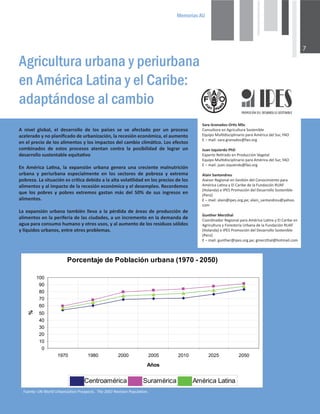0HPRULDV$8

 ŶŝǀĞů ŐůŽďĂů͕ Ğů ĚĞƐĂƌƌŽůůŽ ĚĞ ůŽƐ ƉĂşƐĞƐ ƐĞ ǀĞ ĂĨĞĐƚĂĚŽ ƉŽƌ ƵŶ ƉƌŽĐĞƐŽ
ĂĐĞůĞƌĂĚŽǇŶŽƉůĂŶŝĮĐĂĚŽĚĞƵƌďĂŶŝǌĂĐŝſŶ͕ůĂƌĞĐĞƐŝſŶĞĐŽŶſŵŝĐĂ͕ĞůĂƵŵĞŶƚŽ
ĞŶĞůƉƌĞĐŝŽĚĞůŽƐĂůŝŵĞŶƚŽƐǇůŽƐŝŵƉĂĐƚŽƐĚĞůĐĂŵďŝŽĐůŝŵĄƟĐŽ͘ŽƐĞĨĞĐƚŽƐ
ĐŽŵďŝŶĂĚŽƐ ĚĞ ĞƐƚŽƐ ƉƌŽĐĞƐŽƐ ĂƚĞŶƚĂŶ ĐŽŶƚƌĂ ůĂ ƉŽƐŝďŝůŝĚĂĚ ĚĞ ůŽŐƌĂƌ ƵŶ
ĚĞƐĂƌƌŽůůŽƐƵƐƚĞŶƚĂďůĞĞƋƵŝƚĂƟǀŽ
Ŷ ŵĠƌŝĐĂ ĂƟŶĂ͕ ůĂ ĞǆƉĂŶƐŝſŶ ƵƌďĂŶĂ ŐĞŶĞƌĂ ƵŶĂ ĐƌĞĐŝĞŶƚĞ ŵĂůŶƵƚƌŝĐŝſŶ
ƵƌďĂŶĂ Ǉ ƉĞƌŝƵƌďĂŶĂ ĞƐƉĞĐŝĂůŵĞŶƚĞ ĞŶ ůŽƐ ƐĞĐƚŽƌĞƐ ĚĞ ƉŽďƌĞǌĂ Ǉ ĞǆƚƌĞŵĂ
ƉŽďƌĞǌĂ͘ĂƐŝƚƵĂĐŝſŶĞƐĐƌşƟĐĂĚĞďŝĚŽĂůĂĂůƚĂǀŽůĂƟůŝĚĂĚĞŶůŽƐƉƌĞĐŝŽƐĚĞůŽƐ
ĂůŝŵĞŶƚŽƐǇĂůŝŵƉĂĐƚŽĚĞůĂƌĞĐĞƐŝſŶĞĐŽŶſŵŝĐĂǇĞůĚĞƐĞŵƉůĞŽ͘ZĞĐŽƌĚĞŵŽƐ
ƋƵĞ ůŽƐ ƉŽďƌĞƐ Ǉ ƉŽďƌĞƐ ĞǆƚƌĞŵŽƐ ŐĂƐƚĂŶ ŵĄƐ ĚĞů ϱϬй ĚĞ ƐƵƐ ŝŶŐƌĞƐŽƐ ĞŶ
ĂůŝŵĞŶƚŽƐ͘
ĂĞǆƉĂŶƐŝſŶƵƌďĂŶĂƚĂŵďŝĠŶůůĞǀĂĂůĂƉĠƌĚŝĚĂĚĞĄƌĞĂƐĚĞƉƌŽĚƵĐĐŝſŶĚĞ
ĂůŝŵĞŶƚŽƐĞŶůĂƉĞƌŝĨĞƌŝĂĚĞůĂƐĐŝƵĚĂĚĞƐ͕ĂƵŶŝŶĐƌĞŵĞŶƚŽĞŶůĂĚĞŵĂŶĚĂĚĞ
ĂŐƵĂƉĂƌĂĐŽŶƐƵŵŽŚƵŵĂŶŽǇŽƚƌŽƐƵƐŽƐ͕ǇĂůĂƵŵĞŶƚŽĚĞůŽƐƌĞƐŝĚƵŽƐƐſůŝĚŽƐ
ǇůşƋƵŝĚŽƐƵƌďĂŶŽƐ͕ĞŶƚƌĞŽƚƌŽƐƉƌŽďůĞŵĂƐ͘
3RUFHQWDMHGH3REODFLyQXUEDQD 











      
$xRV

HQWURDPpULFD 6XUDPpULFD $PpULFD/DWLQD
ƵĞŶƚĞ͗hEtŽƌůĚhƌďĂŶŝǌĂƟŽŶWƌŽƐƉĞĐƚƐ͘dŚĞϮϬϬϳZĞǀŝƐŝŽŶWŽƉƵůĂƟŽŶ͘
^ĂƌĂ'ƌĂŶĂĚŽƐͲKƌƟǌD^Đ
ŽŶƐƵůƚŽƌĂĞŶŐƌŝĐƵůƚƵƌĂ^ŽƐƚĞŶŝďůĞ
ƋƵŝƉŽDƵůƟĚŝƐĐŝƉůŝŶĂƌŝŽƉĂƌĂŵĠƌŝĐĂĚĞů^Ƶƌ͕K
ʹŵĂŝů͗ƐĂƌĂ͘ŐƌĂŶĂĚŽƐΛĨĂŽ͘ŽƌŐ

:ƵĂŶ/ǌƋƵŝĞƌĚŽWŚ
ǆƉĞƌƚŽZĞƟƌĂĚŽĞŶWƌŽĚƵĐĐŝſŶsĞŐĞƚĂů
ƋƵŝƉŽDƵůƟĚŝƐĐŝƉůŝŶĂƌŝŽƉĂƌĂŵĠƌŝĐĂĚĞů^Ƶƌ͕K
ʹŵĂŝů͗ũƵĂŶ͘ŝǌƋƵŝĞƌĚŽΛĨĂŽ͘ŽƌŐ

ůĂŝŶ^ĂŶƚĂŶĚƌĞƵ
ƐĞƐŽƌZĞŐŝŽŶĂůĞŶ'ĞƐƟſŶĚĞůŽŶŽĐŝŵŝĞŶƚŽƉĂƌĂ
ŵĠƌŝĐĂĂƟŶĂǇůĂƌŝďĞĚĞůĂƵŶĚĂĐŝſŶZh
;,ŽůĂŶĚĂͿĞ/W^WƌŽŵŽĐŝſŶĚĞůĞƐĂƌƌŽůůŽ^ŽƐƚĞŶŝďůĞ
;WĞƌƷͿ
ʹŵĂŝů͗ĂůĂŝŶΛŝƉĞƐ͘ŽƌŐ͘ƉĞ͖ĂůĂŝŶͺƐĂŶƚĂŶĚƌĞƵΛǇĂŚŽŽ͘
ĐŽŵ

'ƵŶƚŚĞƌDĞƌǌƚŚĂů
ŽŽƌĚŝŶĂĚŽƌZĞŐŝŽŶĂůƉĂƌĂŵĠƌŝĐĂĂƟŶĂǇůĂƌŝďĞĞŶ
ŐƌŝĐƵůƚƵƌĂǇŽƌĞƐƚĞƌŝĂhƌďĂŶĂĚĞůĂƵŶĚĂĐŝſŶZh
;,ŽůĂŶĚĂͿĞ/W^WƌŽŵŽĐŝſŶĚĞůĞƐĂƌƌŽůůŽ^ŽƐƚĞŶŝďůĞ
;WĞƌƷͿ
ʹŵĂŝů͗ŐƵŶƚŚĞƌΛŝƉĞƐ͘ŽƌŐ͘ƉĞ͖ŐŵĞƌǌƚŚĂůΛŚŽƚŵĂŝů͘ĐŽŵ
 