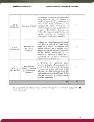 MEMORIA'DE'LABORES'2013.!! !Superintendencia'de'Competencia,'El'Salvador! 
!! 
SC-040- 
S/PN/R-2013 
Ministerio de Salud 
(i) Desechar la medida de fortificación 
de la harina de arroz, (ii) acreditar la 
necesidad, oportunidad y pertinencia de 
fortificar las pastas alimenticias, (iii) 
investigar el monto mínimo de la 
inversión necesaria para cumplir con la 
obligación de fortificar el arroz, (iv) 
evaluar la necesidad y pertinencia de 
niveles máximos de nutrientes y 
minerales en los alimentos regulados. 
4 
SC-048- 
S/PN/NR-2013 
Ministerio de 
Relaciones 
Exteriores 
(i) Optar por ejercer la quinta libertad de 
aire sobre la base de un intercambio 
recíproco y liberal; (ii) formular una 
reserva indicando que El Salvador podrá 
aceptar más de dos aerolíneas originarias 
de los Estados contratantes; y (iii) 
formular una reserva en el sentido que la 
aprobación de las tarifas se realice 
conforme el derecho interno. 
6 
SC-059- 
S/C/NR-2013 
Secretaría para 
Asuntos Legislativos 
y Jurídicos de la 
Presidencia 
(i) Desechar la experiencia como 
requisito para optar a la autorización del 
ejercicio de la contaduría; (ii) desestimar 
el examen de aptitud profesional; y (iii) 
adicionar una indicación que acote los 
posibles alcances de la publicidad de las 
listas de contadores y evitando riesgos 
para la competencia. 
4 
Total 76 
De las opiniones de adquisiciones y contrataciones públicas se emitieron las siguientes 18 
recomendaciones: 
! 20! 
 