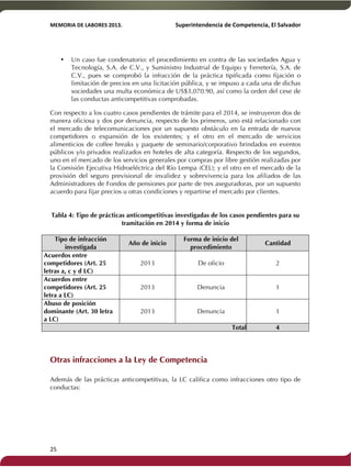 MEMORIA'DE'LABORES'2013.!! !Superintendencia'de'Competencia,'El'Salvador! 
!! 
• Un caso fue condenatorio: el procedimiento en contra de las sociedades Agua y 
25! ! 
Tecnología, S.A. de C.V., y Suministro Industrial de Equipo y Ferretería, S.A. de 
C.V., pues se comprobó la infracción de la práctica tipificada como fijación o 
limitación de precios en una licitación pública, y se impuso a cada una de dichas 
sociedades una multa económica de US$3,070.90, así como la orden del cese de 
las conductas anticompetitivas comprobadas. 
Con respecto a los cuatro casos pendientes de trámite para el 2014, se instruyeron dos de 
manera oficiosa y dos por denuncia, respecto de los primeros, uno está relacionado con 
el mercado de telecomunicaciones por un supuesto obstáculo en la entrada de nuevos 
competidores o expansión de los existentes; y el otro en el mercado de servicios 
alimenticios de coffee breaks y paquete de seminario/corporativo brindados en eventos 
públicos y/o privados realizados en hoteles de alta categoría. Respecto de los segundos, 
uno en el mercado de los servicios generales por compras por libre gestión realizadas por 
la Comisión Ejecutiva Hidroeléctrica del Río Lempa (CEL); y el otro en el mercado de la 
provisión del seguro previsional de invalidez y sobrevivencia para los afiliados de las 
Administradores de Fondos de pensiones por parte de tres aseguradoras, por un supuesto 
acuerdo para fijar precios u otras condiciones y repartirse el mercado por clientes. 
Tabla 4: Tipo de prácticas anticompetitivas investigadas de los casos pendientes para su 
tramitación en 2014 y forma de inicio 
Tipo de infracción 
investigada 
Año de inicio 
Forma de inicio del 
procedimiento 
Cantidad 
Acuerdos entre 
competidores (Art. 25 
letras a, c y d LC) 
2013 De oficio 2 
Acuerdos entre 
competidores (Art. 25 
letra a LC) 
2013 Denuncia 1 
Abuso de posición 
dominante (Art. 30 letra 
a LC) 
2013 Denuncia 1 
Total 4 
! 
Otras infracciones a la Ley de Competencia 
Además de las prácticas anticompetitivas, la LC califica como infracciones otro tipo de 
conductas: 
 
