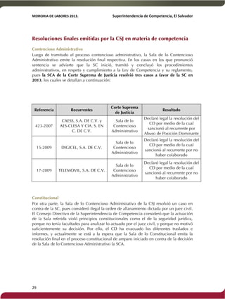 MEMORIA'DE'LABORES'2013.!! !Superintendencia'de'Competencia,'El'Salvador! 
!! 
Resoluciones finales emitidas por la CSJ en materia de competencia 
Contencioso Administrativo 
Luego de tramitado el proceso contencioso administrativo, la Sala de lo Contencioso 
Administrativo emite la resolución final respectiva. En los casos en los que pronunció 
sentencia se advierte que la SC inició, tramitó y concluyó los procedimientos 
administrativos, en respeto y cumplimiento a la Ley de Competencia y su reglamento, 
pues la SCA de la Corte Suprema de Justicia resolvió tres casos a favor de la SC en 
2013, los cuales se detallan a continuación: 
Referencia Recurrentes 
29! ! 
Corte Suprema 
de Justicia 
Resultado 
423-2007 
CAESS, S.A. DE C.V. y 
AES-CLESA Y CIA. S. EN 
C. DE C.V. 
Sala de lo 
Contencioso 
Administrativo 
Declaró legal la resolución del 
CD por medio de la cual 
sancionó al recurrente por 
Abuso de Posición Dominante 
15-2009 DIGICEL, S.A. DE C.V. 
Sala de lo 
Contencioso 
Administrativo 
Declaró legal la resolución del 
CD por medio de la cual 
sancionó al recurrente por no 
haber colaborado 
17-2009 TELEMOVIL, S.A. DE C.V. 
Sala de lo 
Contencioso 
Administrativo 
Declaró legal la resolución del 
CD por medio de la cual 
sancionó al recurrente por no 
haber colaborado 
Constitucional 
Por otra parte, la Sala de lo Contencioso Administrativo de la CSJ resolvió un caso en 
contra de la SC, pues consideró ilegal la orden de allanamiento dictada por un juez civil. 
El Consejo Directivo de la Superintendencia de Competencia consideró que la actuación 
de la Sala referida violó principios constitucionales como el de la seguridad jurídica, 
porque no tenía facultades para analizar lo actuado por el juez civil, y porque no motivó 
suficientemente su decisión. Por ello, el CD ha evacuado los diferentes traslados e 
informes, y actualmente se está a la espera que la Sala de lo Constitucional emita la 
resolución final en el proceso constitucional de amparo iniciado en contra de la decisión 
de la Sala de lo Contencioso Administrativo la SCA. 
 