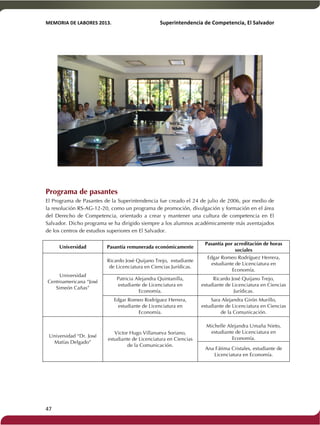 MEMORIA'DE'LABORES'2013.!! !Superintendencia'de'Competencia,'El'Salvador! 
!! 
Programa de pasantes 
El Programa de Pasantes de la Superintendencia fue creado el 24 de julio de 2006, por medio de 
la resolución RS-AG-12-20, como un programa de promoción, divulgación y formación en el área 
del Derecho de Competencia, orientado a crear y mantener una cultura de competencia en El 
Salvador. Dicho programa se ha dirigido siempre a los alumnos académicamente más aventajados 
de los centros de estudios superiores en El Salvador.! 
47! ! 
Universidad Pasantía remunerada económicamente 
Pasantía por acreditación de horas 
sociales 
Universidad 
Centroamericana “José 
Simeón Cañas” 
Ricardo José Quijano Trejo, estudiante 
de Licenciatura en Ciencias Jurídicas. 
Edgar Romeo Rodríguez Herrera, 
estudiante de Licenciatura en 
Economía. 
Patricia Alejandra Quintanilla, 
estudiante de Licenciatura en 
Economía. 
Ricardo José Quijano Trejo, 
estudiante de Licenciatura en Ciencias 
Jurídicas. 
Edgar Romeo Rodríguez Herrera, 
estudiante de Licenciatura en 
Economía. 
Sara Alejandra Girón Murillo, 
estudiante de Licenciatura en Ciencias 
de la Comunicación. 
Universidad “Dr. José 
Matías Delgado” 
Victor Hugo Villanueva Soriano, 
estudiante de Licenciatura en Ciencias 
de la Comunicación. 
Michelle Alejandra Umaña Nieto, 
estudiante de Licenciatura en 
Economía. 
Ana Fátima Cristales, estudiante de 
Licenciatura en Economía. 
 