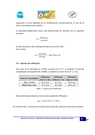 saturación, la cual depende de la estratificación socioeconómica, el uso de la
tierra y el ordenamiento urbano
La densidad poblacional futura está determinada de acuerdo con la siguiente
ecuación:

D=

Habi tan te
Areatotal

El área total futura del municipio de Neira es de 58.5 Has.
Por lo tanto:

D=

22287 Hab
= 380.97 Hab / Ha
58.5 Has

4.8 Aportes por infiltración
Con base en lo afirmado en el RAS, numeral D.3.2.2.7. y tomando el nivel de
complejidad correspondiente a NEIRA, se obtiene un valor de 0,20 L/s-ha,

Nivel de Complejidad

Infiltración

Infiltración

(L/s(L/salta (L/s-ha) media (L/s-ha)

Infiltración
(L/sbaja (L/s-ha)

Bajo y medio

0,15-0,4

0,1-0,3

0,05-0,2

Medio Alto y alto

0,15-0,4

0,10,1-0,3

0,05-0,2

Tabla 11. Aportes por infiltración

Para el periodo de diseño se tiene como caudal de infiltración:

QINF = (58.5 × 0,2) = 11.70 l/s
En el Anexo No.1 se presenta el cálculo para cada año, durante el periodo de diseño.

Memorias de Cálculo. Optimización Sistema Alcantarillado. Municipio de Neira

37

 