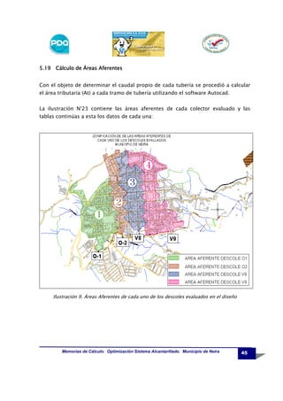 5.19 Cálculo de Áreas Aferentes
Con el objeto de determinar el caudal propio de cada tubería se procedió a calcular
el área tributaria (At) a cada tramo de tubería utilizando el software Autocad.
La ilustración N°23 contiene las áreas aferentes de cada colector evaluado y las
tablas continúas a esta los datos de cada una:

Ilustración 9. Áreas Aferentes de cada uno de los descoles evaluados en el diseño

Memorias de Cálculo. Optimización Sistema Alcantarillado. Municipio de Neira

45

 