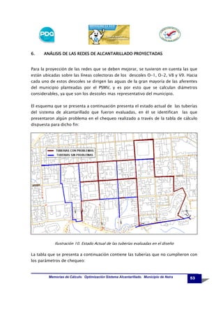 6.

ANÁLISIS DE LAS REDES DE ALCANTARILLADO PROYECTADAS

Para la proyección de las redes que se deben mejorar, se tuvieron en cuenta las que
están ubicadas sobre las líneas colectoras de los descoles O-1, O-2, V8 y V9. Hacia
cada uno de estos descoles se dirigen las aguas de la gran mayoría de las aferentes
del municipio planteadas por el PSMV, y es por esto que se calculan diámetros
considerables, ya que son los descoles mas representativo del municipio.
El esquema que se presenta a continuación presenta el estado actual de las tuberías
del sistema de alcantarillado que fueron evaluadas, en él se identifican

las que

presentaron algún problema en el chequeo realizado a través de la tabla de cálculo
dispuesta para dicho fin:

Ilustración 10. Estado Actual de las tuberías evaluadas en el diseño

La tabla que se presenta a continuación contiene las tuberías que no cumplieron con
los parámetros de chequeo:

Memorias de Cálculo. Optimización Sistema Alcantarillado. Municipio de Neira

53

 