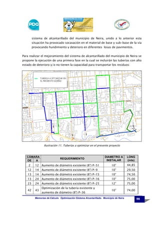 sistema de alcantarillado del municipio de Neira, unido a lo anterior esta
situación ha provocado socavación en el material de base y sub-base de la vía
provocando hundimiento y deterioro en diferentes losas de pavimentos.
Para realizar el mejoramiento del sistema de alcantarillado del municipio de Neira se
propone la ejecución de una primera fase en la cual se incluirán las tuberías con alto
estado de deterioro y/o no tienen la capacidad para transportar los residuos:

Ilustración 11. Tuberías a optimizar en el presente proyecto

CÁMARA
DE
A

DIAMETRO A
INSTALAR

LONG
(mts)

12 Aumento de diámetro existente (8”) P-51

10”

44,85

12

14 Aumento de diámetro existente (8”) P-9

10”

29,50

13

14 Aumento de diámetro existente (8”) P-15

10”

74,50

13

24 Aumento de diámetro existente (8”) P-16

10”

75,00

23

24 Aumento de diámetro existente (8”) P-25

12”

75,00

42

43

10”

74,00

2

REQUERIMIENTO

Optimización de la tubería existente y
aumento de diámetro (8”) P-36

Memorias de Cálculo. Optimización Sistema Alcantarillado. Municipio de Neira

56

 