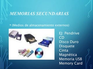 MEMORIAS SECUNDARIAS
• (Medios de almacenamiento externos)
EJ: Pendrive
CD
Disco Duro
Disquete
Cinta
Magnética
Memoria USB
Memory Card
 