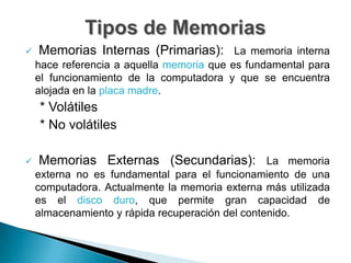  Se emplea el término memoria también para llamar a cualquier dispositivo, circuito o medio de grabación que permite almacenar información desde una computadora. Existen memorias de almacenamiento secundario como los discos duros, discos ópticos, etc.Tipos de Memorias Memorias Internas (Primarias):  La memoria interna hace referencia a aquella memoria que es fundamental para el funcionamiento de la computadora y que se encuentra alojada en la placa madre.    * Volátiles    * No volátiles Memorias Externas (Secundarias): La memoria externa no es fundamental para el funcionamiento de una computadora. Actualmente la memoria externa más utilizada es el disco duro, que permite gran capacidad de almacenamiento y rápida recuperación del contenido.Memorias Internas (Primarias)Volátil :Tipo de memoria que al no recibir electricidad, pierden la información que contienen.Estas memorias necesitan refrescar su contenido continuamente para mantener la información, por lo tanto necesitan una fuente de electricidad en todo momento .     *RAM  HyperX de Kingston y estas se encuentran certificadas por Intel para usarlas con su línea de procesadores Core i7