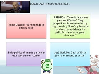 PARA PENSAR EN NUESTRA REALIDAD...

Jaime Dussán : “Pero no todo lo
legal es ético”

J.J RENDÓN: ““eso de la ética es
para los filósofos”. “Soy
pragmático de nueve a cinco y
hago poesía y filosofía y letras de
las cinco para adelante. La
película mía es la de ganar
elecciones”

En lo político el interés particular
está sobre el bien común

José Obdulio: Gaviria ”En la
guerra, el engaño es virtud”

 