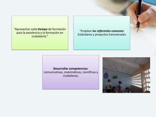 “Aprovechar cada tiempo de formación
para la excelencia y la formación en
ciudadanía.”

“Emplear los referentes comunes:
Estándares y proyectos transversales

Desarrollar competencias:
comunicativas, matemáticas, científicas y
ciudadanas.

 