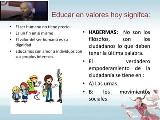 Educar en valores hoy signifca:
• El ser humano no tiene precio
•
• Es un fin en si mismo
• El valor del ser humano es su
dignidad
• Educamos con amor a individuos con
sus propios intereses.

HABERMAS: No son los
filósofos,
son
los
ciudadanos lo que deben
tener la última palabra.
• El
verdadero
empoderamiento de la
ciudadanía se tiene en :
• A) Las urnas
• B:
los
movimientos
sociales

 