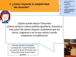 1.

3. ¿Cómo impacta la subjetividad
del docente?

2.
3.

¿Quién puede educar? Docentes
¿Cómo construir cultura política igualitaria, inclusiva y
más justa? No somos mejores ciudadanos que los
chicos. Llegamos a ser lo que somos cuando
aceptamos y modificamos

Hay que conocer el contexto
La evaluación es para fortalecer
La escuela le da herramientas a los
chicos para hacer lo que mejor
puedan.

¿Qué contiene la
formación
ciudadana?
¿Qué y cómo se
enseña?
¿Cómo impacta la
subjetividad del
docente?

 