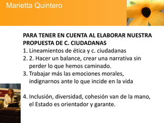 Marietta Quintero

PARA TENER EN CUENTA AL ELABORAR NUESTRA
PROPUESTA DE C. CIUDADANAS
1. Lineamientos de ética y c. ciudadanas
2. 2. Hacer un balance, crear una narrativa sin
perder lo que hemos caminado.
3. Trabajar más las emociones morales,
indignarnos ante lo que incide en la vida

4. Inclusión, diversidad, cohesión van de la mano,
el Estado es orientador y garante.

 