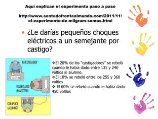 Aquí explican el experimento paso a paso
http://www.sentadofrentealmundo.com/2011/11/
el-experimento-de-milgram-somos.html

• ¿Le darías pequeños choques
eléctricos a un semejante por
castigo?
El 20% de los “castigadores” se rebeló
cuando le había dado entre 135 y 240
voltios al alumno.
El 18% se rebeló entre los 255 y 360
voltios
 El 60% se rebeló cuando le había dado
450 voltios

 
