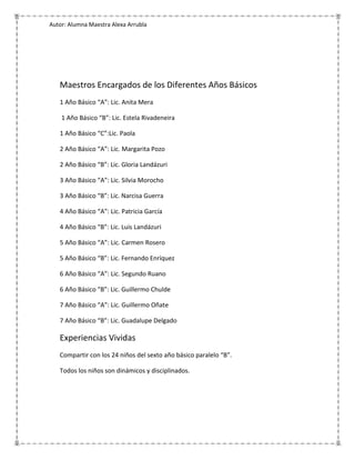 Autor: Alumna Maestra Alexa Arrubla




   Maestros Encargados de los Diferentes Años Básicos
   1 Año Básico “A”: Lic. Anita Mera

    1 Año Básico “B”: Lic. Estela Rivadeneira

   1 Año Básico “C”:Lic. Paola

   2 Año Básico “A”: Lic. Margarita Pozo

   2 Año Básico “B”: Lic. Gloria Landázuri

   3 Año Básico “A”: Lic. Silvia Morocho

   3 Año Básico “B”: Lic. Narcisa Guerra

   4 Año Básico “A”: Lic. Patricia García

   4 Año Básico “B”: Lic. Luis Landázuri

   5 Año Básico “A”: Lic. Carmen Rosero

   5 Año Básico “B”: Lic. Fernando Enríquez

   6 Año Básico “A”: Lic. Segundo Ruano

   6 Año Básico “B”: Lic. Guillermo Chulde

   7 Año Básico “A”: Lic. Guillermo Oñate

   7 Año Básico “B”: Lic. Guadalupe Delgado

   Experiencias Vividas
   Compartir con los 24 niños del sexto año básico paralelo “B”.

   Todos los niños son dinámicos y disciplinados.
 